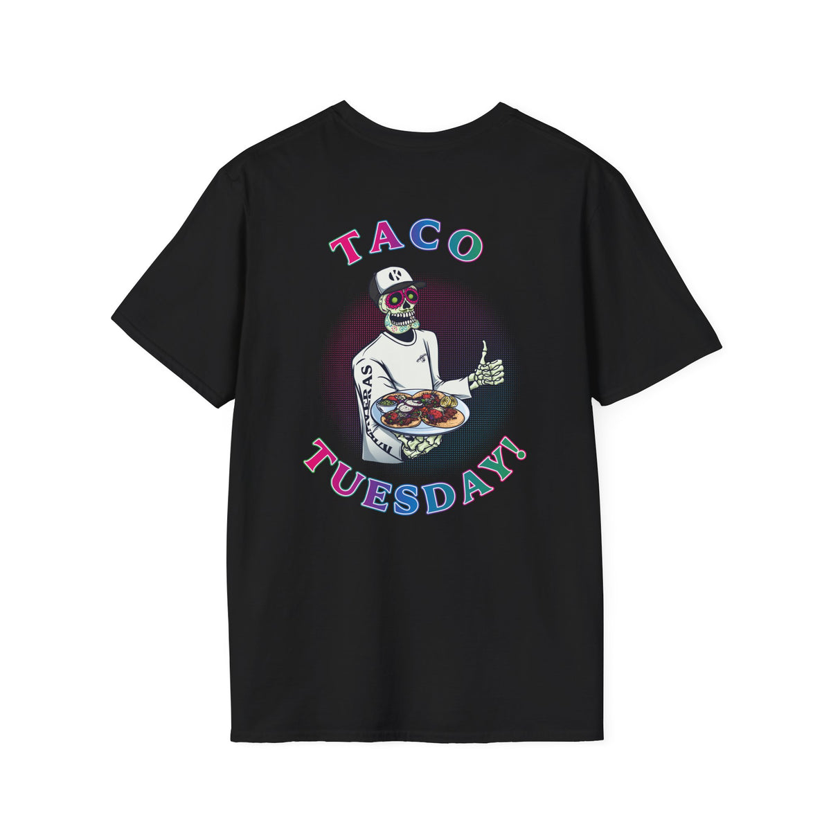 Black Kalaveras Heritage Taco Tuesday Graphic Tee, back view with colorful skeleton taco server artwork