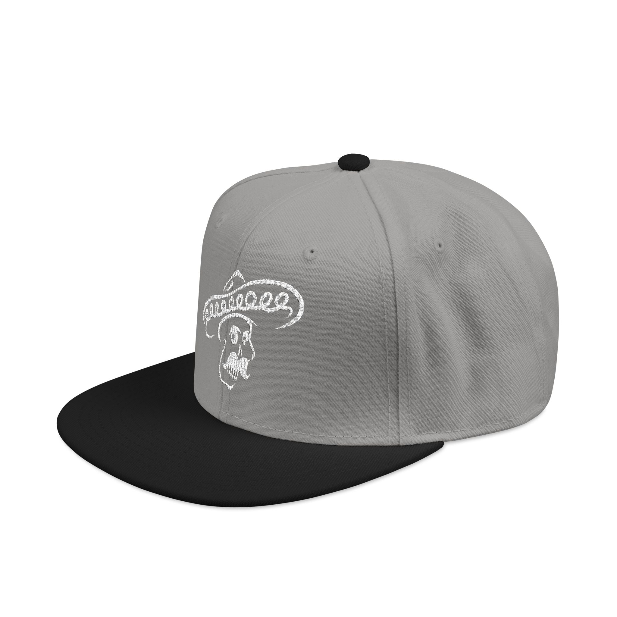 Gray and black Kalaveras Signature Skull Snapback, angled view