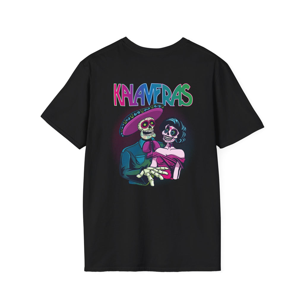 Black Kalaveras Heritage Couple Tee back view with colorful skeleton couple artwork