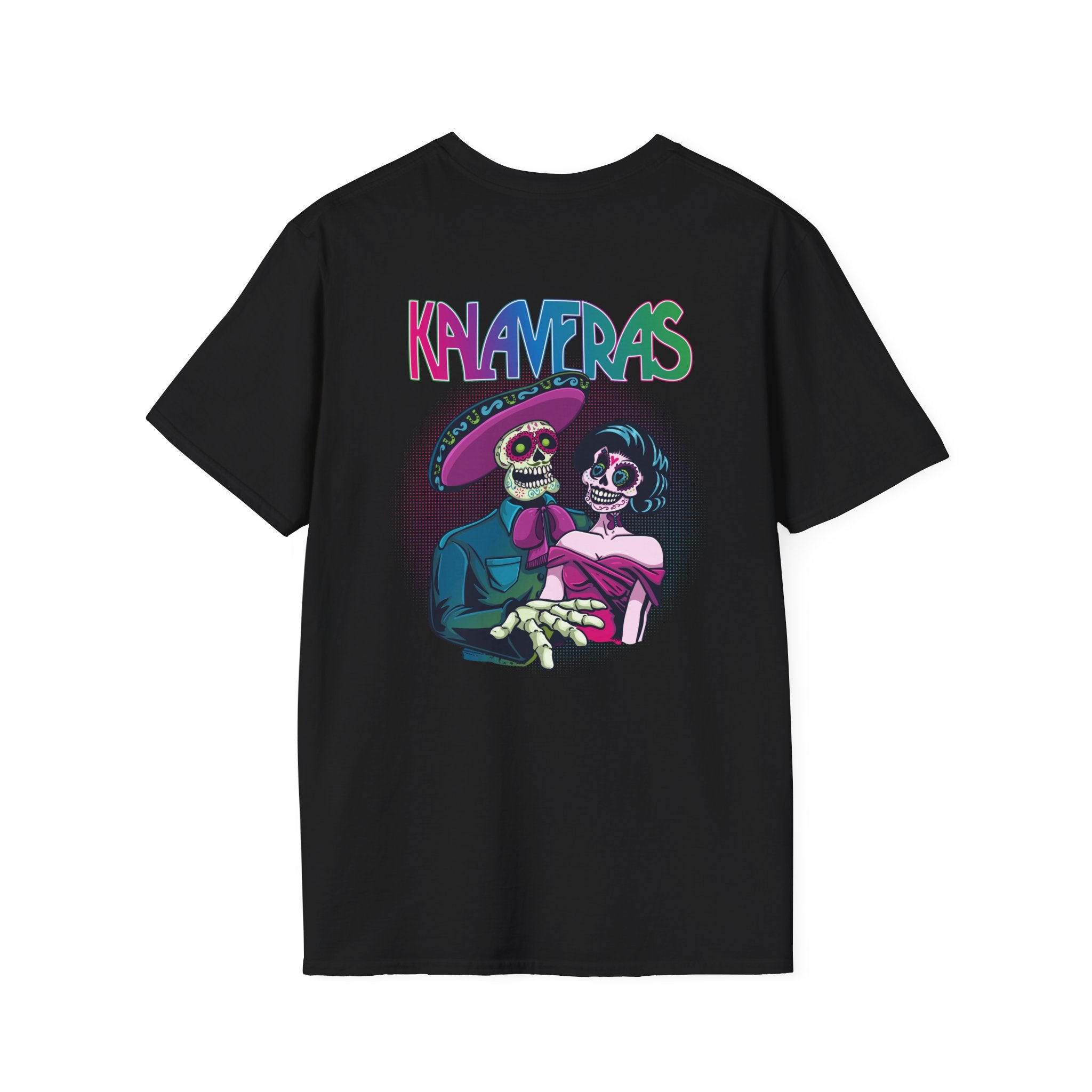 Black Kalaveras Heritage Couple Tee back view with colorful skeleton couple artwork