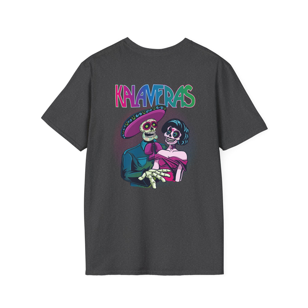 Dark heather Kalaveras Heritage Couple Tee back view with colorful skeleton couple artwork