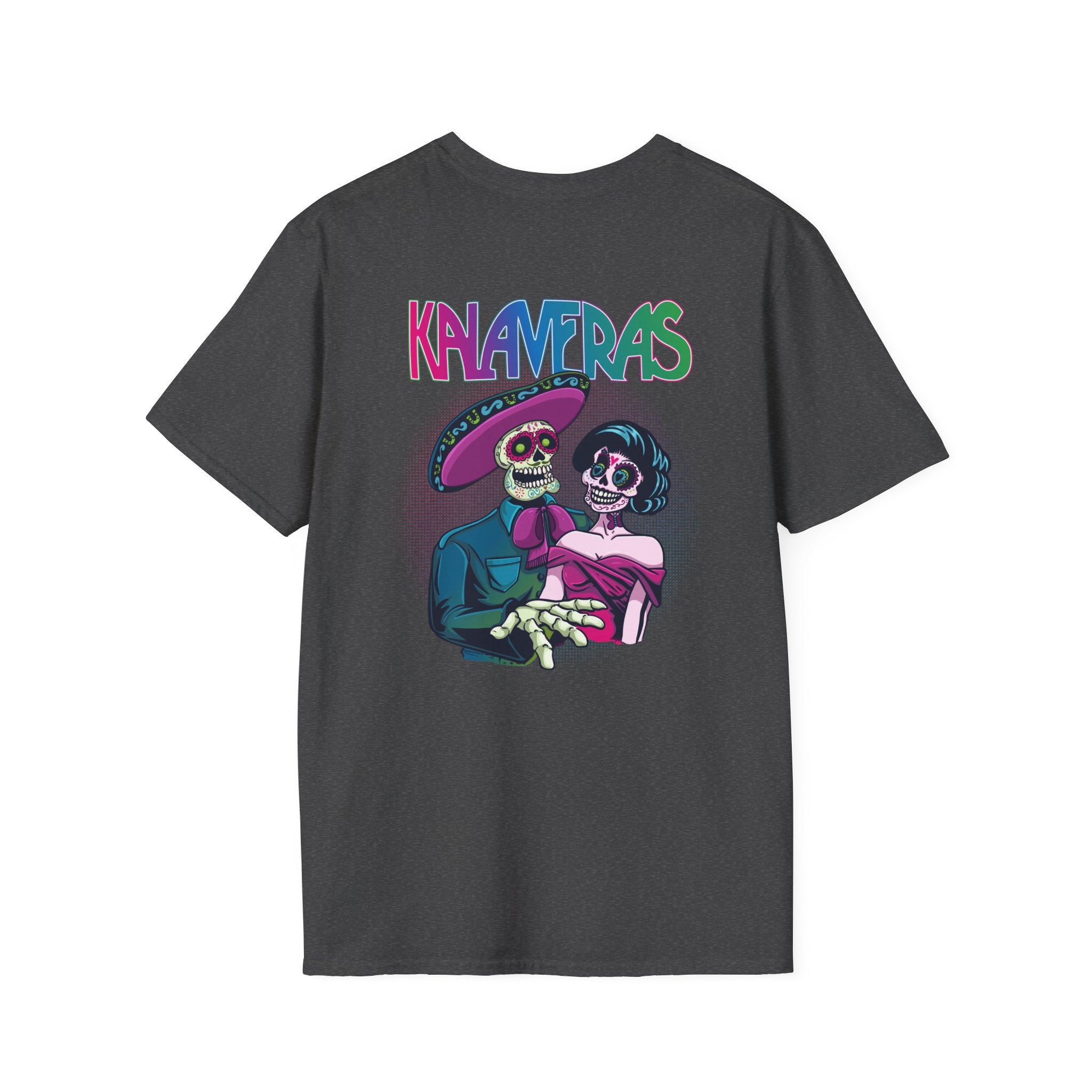Dark heather Kalaveras Heritage Couple Tee back view with colorful skeleton couple artwork