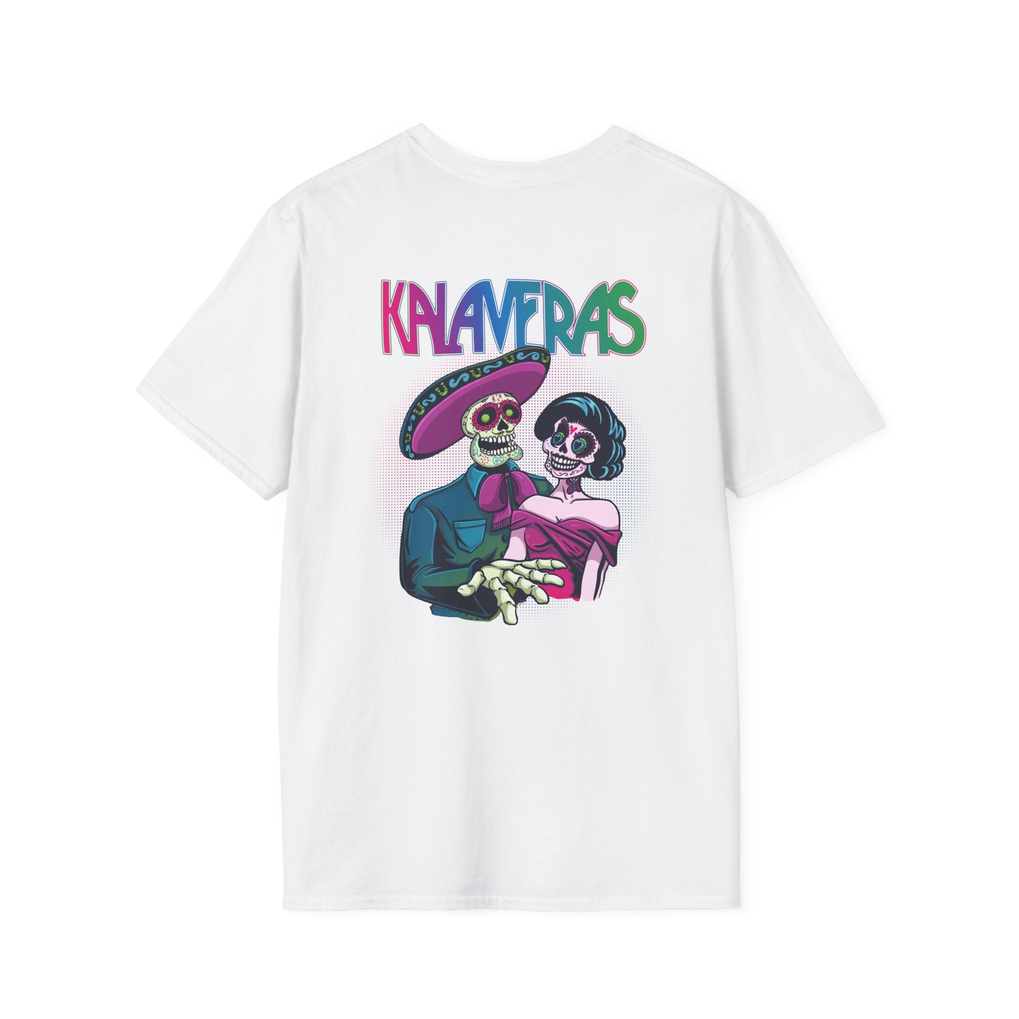 White Kalaveras Heritage Couple Tee back view with colorful skeleton couple artwork