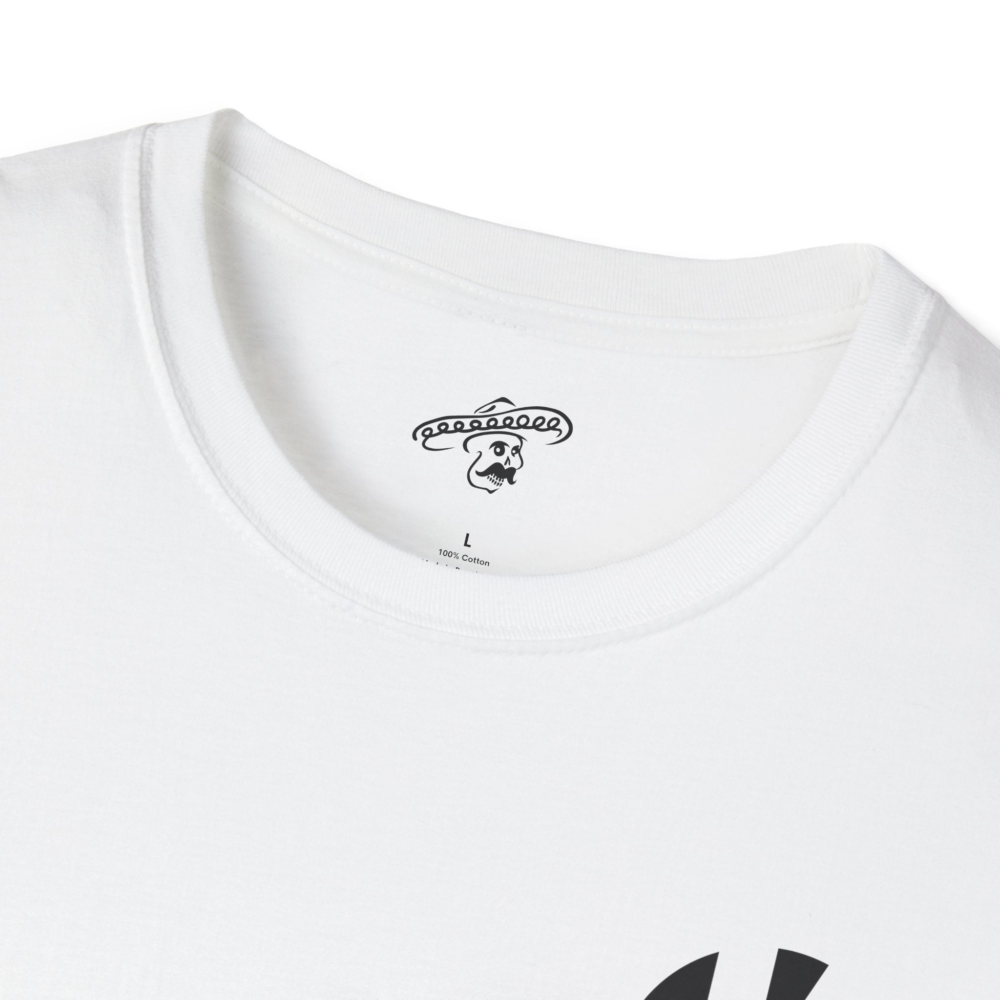 White Kalaveras Heritage Couple Tee collar label and front K monogram detail