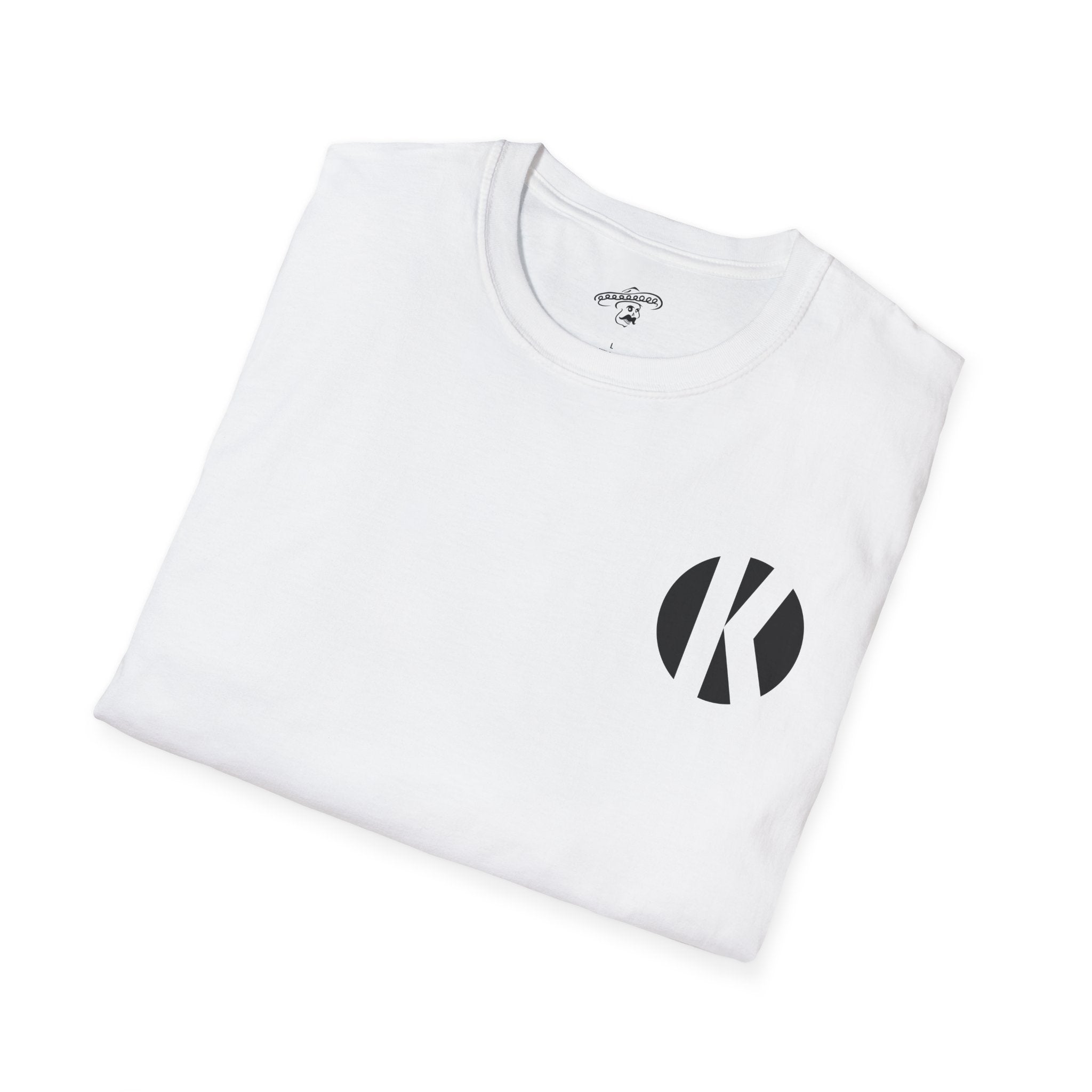 Folded white Kalaveras Heritage Couple Tee front flat lay with black K monogram