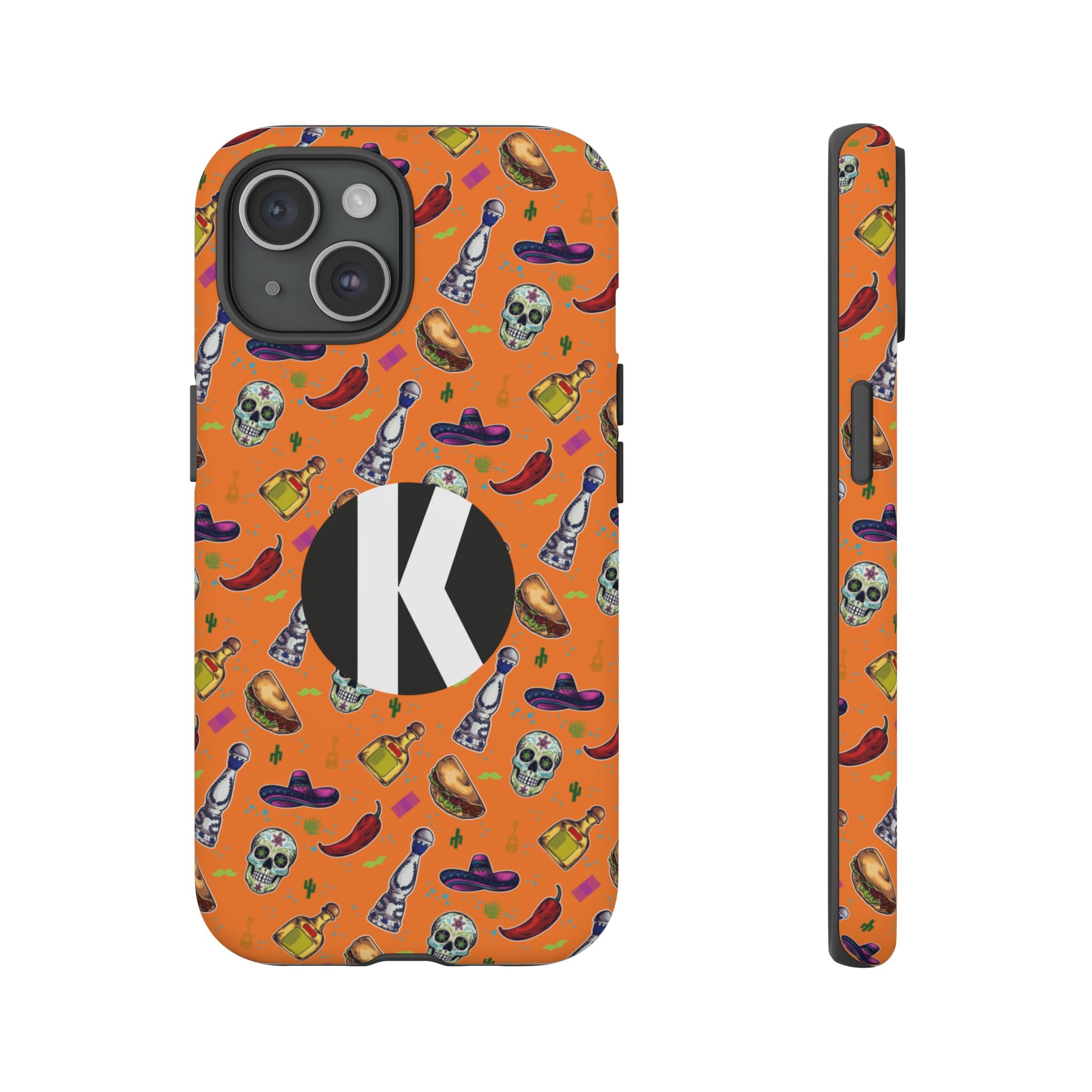An orange phone case with a Mexican-themed pattern of skulls, tequila bottles, and sombreros, featuring a large black circle with a white letter 'K' on the back. Shown in both a full back view and a slim side profile view against a plain white background.
