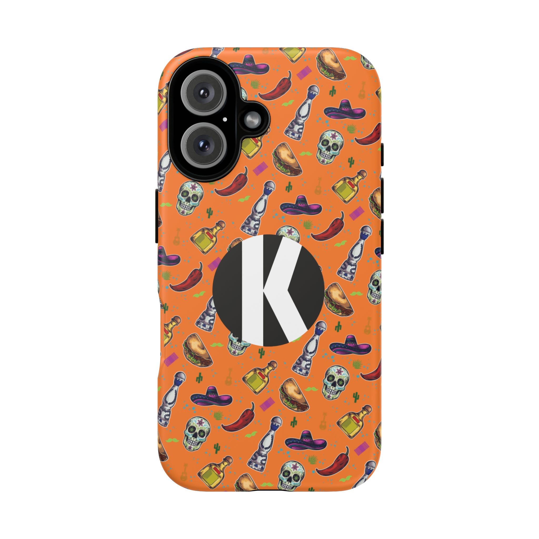 An orange phone case featuring a repeating pattern of Mexican-themed illustrations including sombreros, tequila bottles, skulls, and chili peppers. A large black circle containing a white letter 'K' is printed in the center.