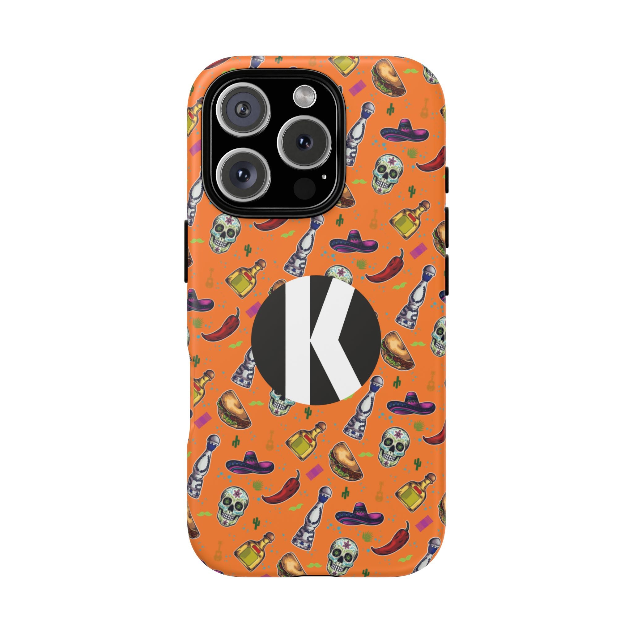 An orange phone case with a repeating pattern of skulls, sombreros, tequila bottles, and chili peppers, featuring a large black circle with a white letter 'K' on the back.