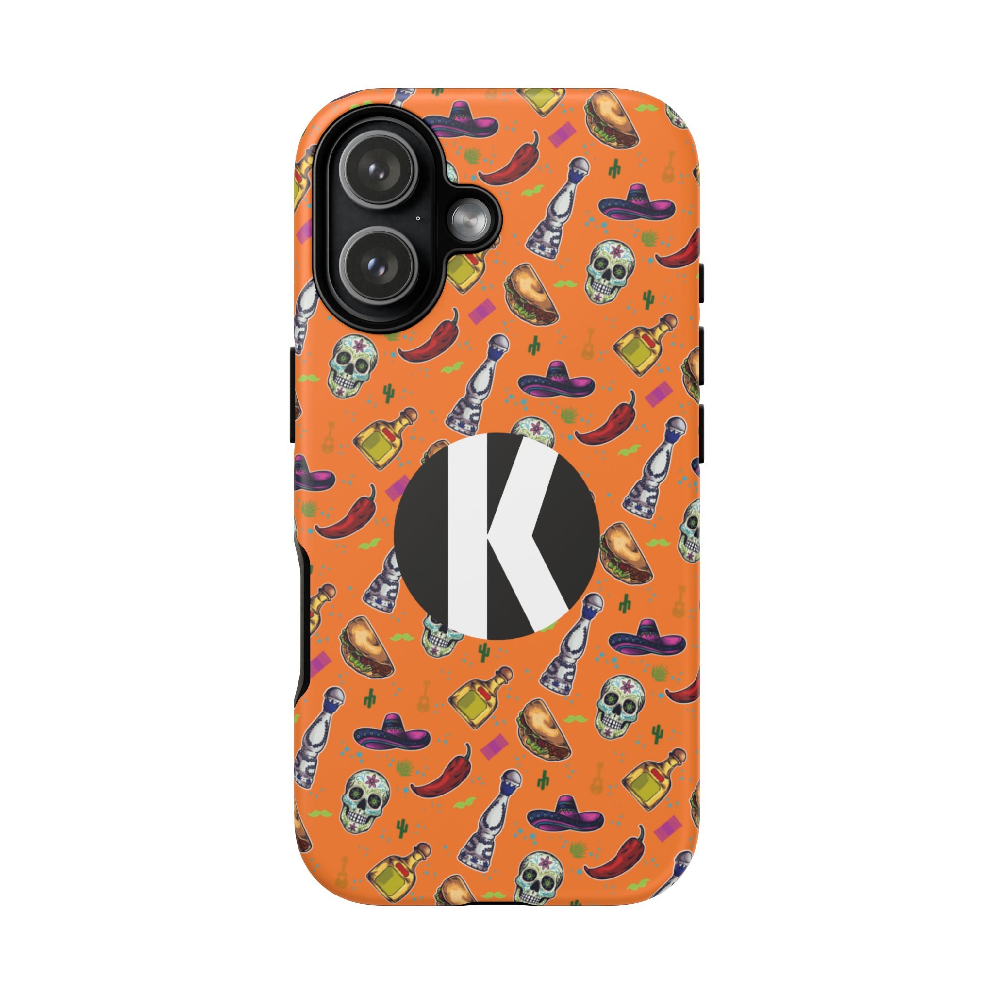 An orange phone case featuring a repeating pattern of skulls, sombreros, tequila bottles, and chili peppers, with a large black circle and white letter 'K' on the back.