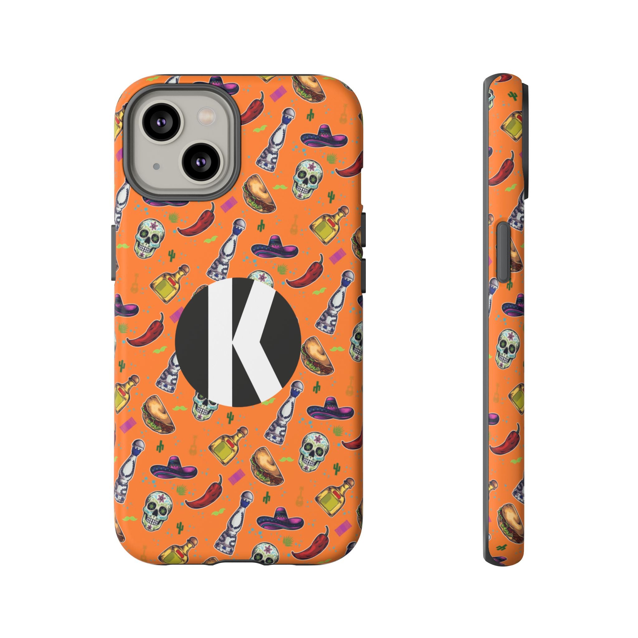 An orange phone case with a colorful Mexican-themed pattern of skulls, sombreros, chili peppers, and tequila bottles, featuring a large black circle with a white letter 'K' on the back. Shown from the rear and side angles on a white background.