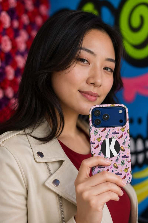 A woman holding a pink patterned phone case with a large white letter K, wearing a beige jacket and a red shirt, set against a colorful graffiti background.