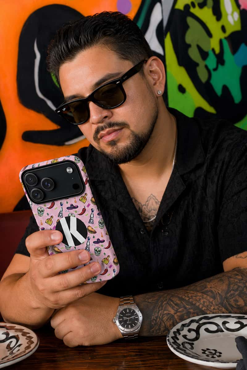 Kalaveras Heritage Tough iPhone Case in pink product photo 2, showing the design and product details.