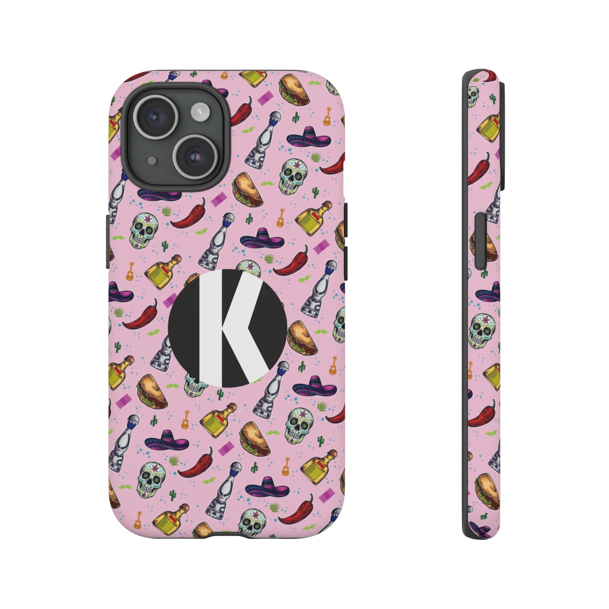 A phone case shown from the back and side on a plain white background. The case has a white base with a colorful repeating pattern of Mexican-themed illustrations, including sombreros, tequila bottles, chili peppers, skulls, and tacos, plus a large black circle containing a white letter K on the back.