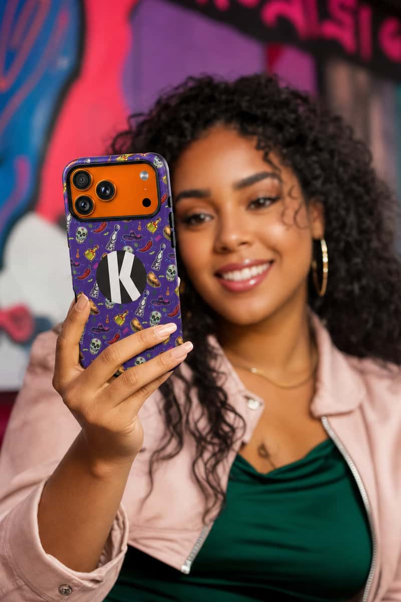 A woman holding up a purple patterned phone case with a white monogram letter 'K' and an orange camera ring, wearing a pink jacket and green top in front of a colorful graffiti wall.