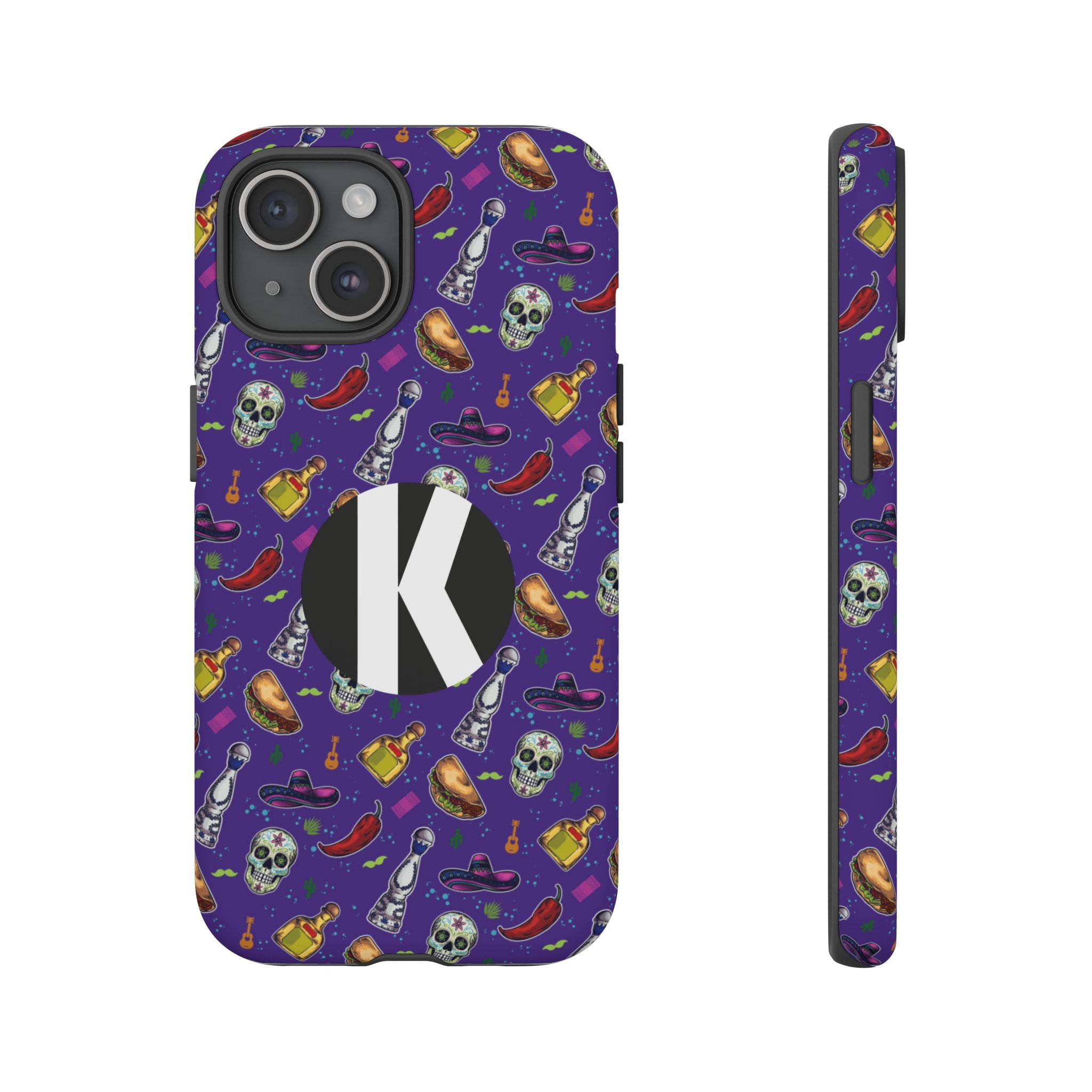A purple phone case with a colorful Mexican-themed pattern of skulls, hot peppers, sombreros, and tequila bottles, featuring a large black circle with a white letter 'K' on the back. Shown from the back and side views against a plain white background.