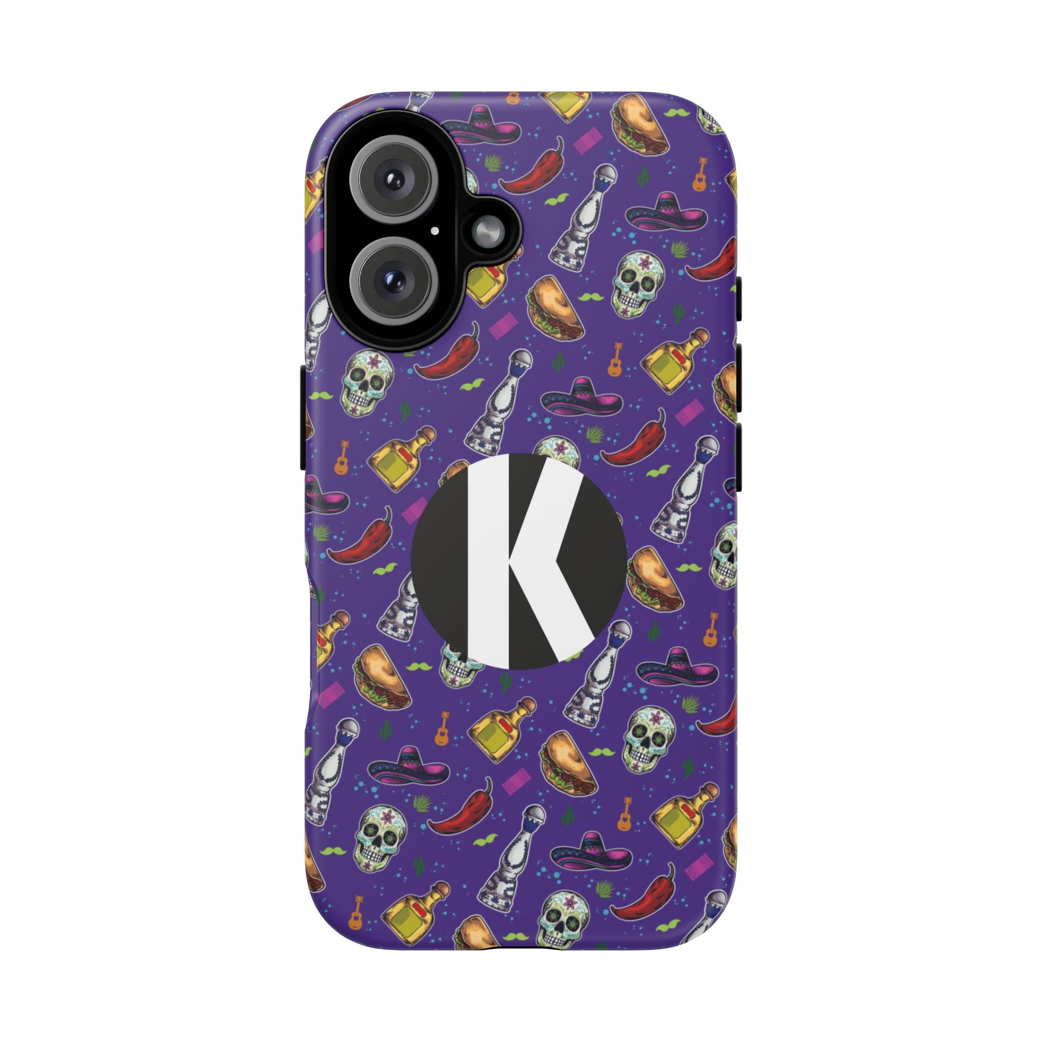 A purple phone case with a repeating pattern of skulls, hot dogs, tequila bottles, and sombreros, featuring a large black circle with a white letter K in the center.