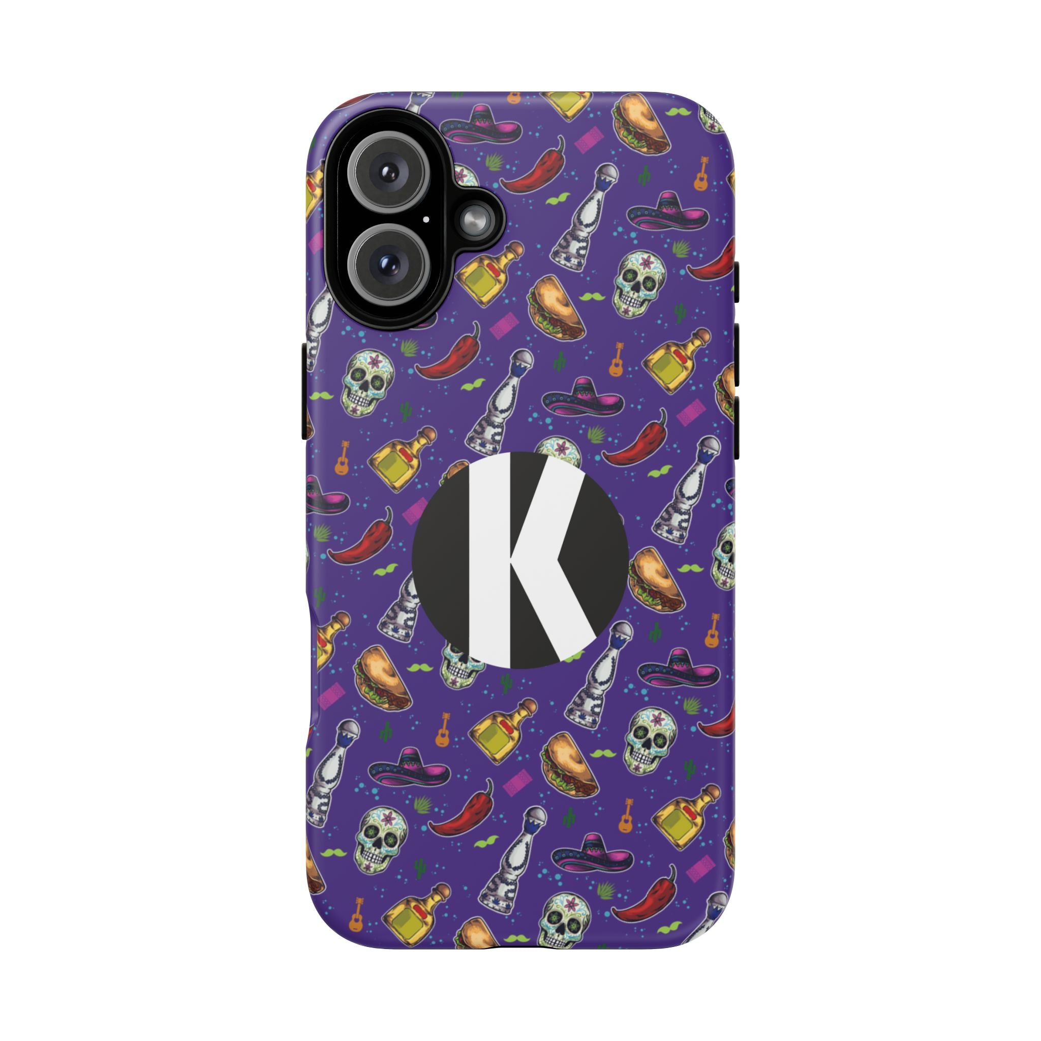 A purple phone case with a colorful Halloween-themed pattern of skulls, cauldrons, and chili peppers, featuring a large black circle with a white letter 'K' on the back.