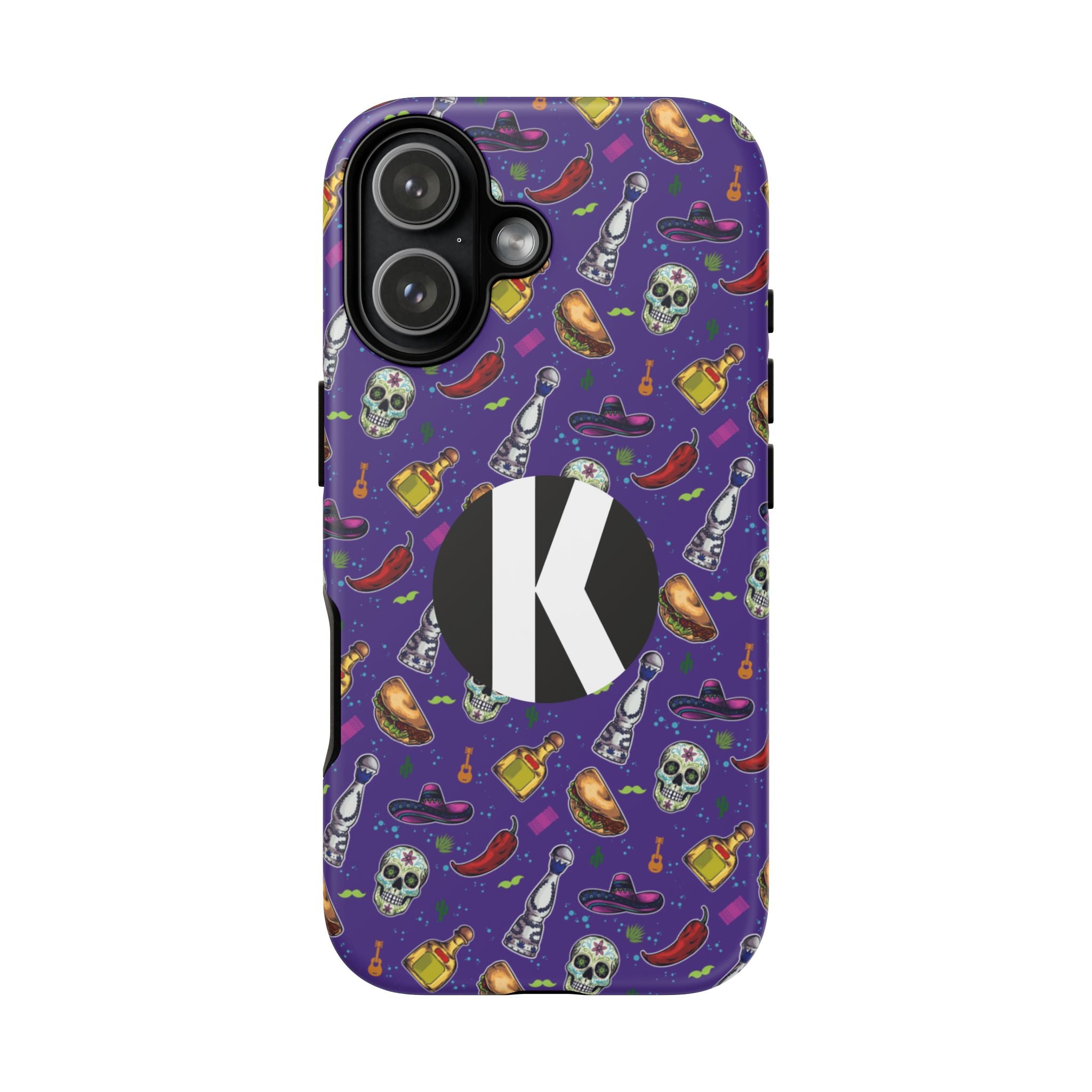 A purple phone case with a repeating pattern of skulls, bottles, and hats, featuring a large black circle with a white letter K in the center.