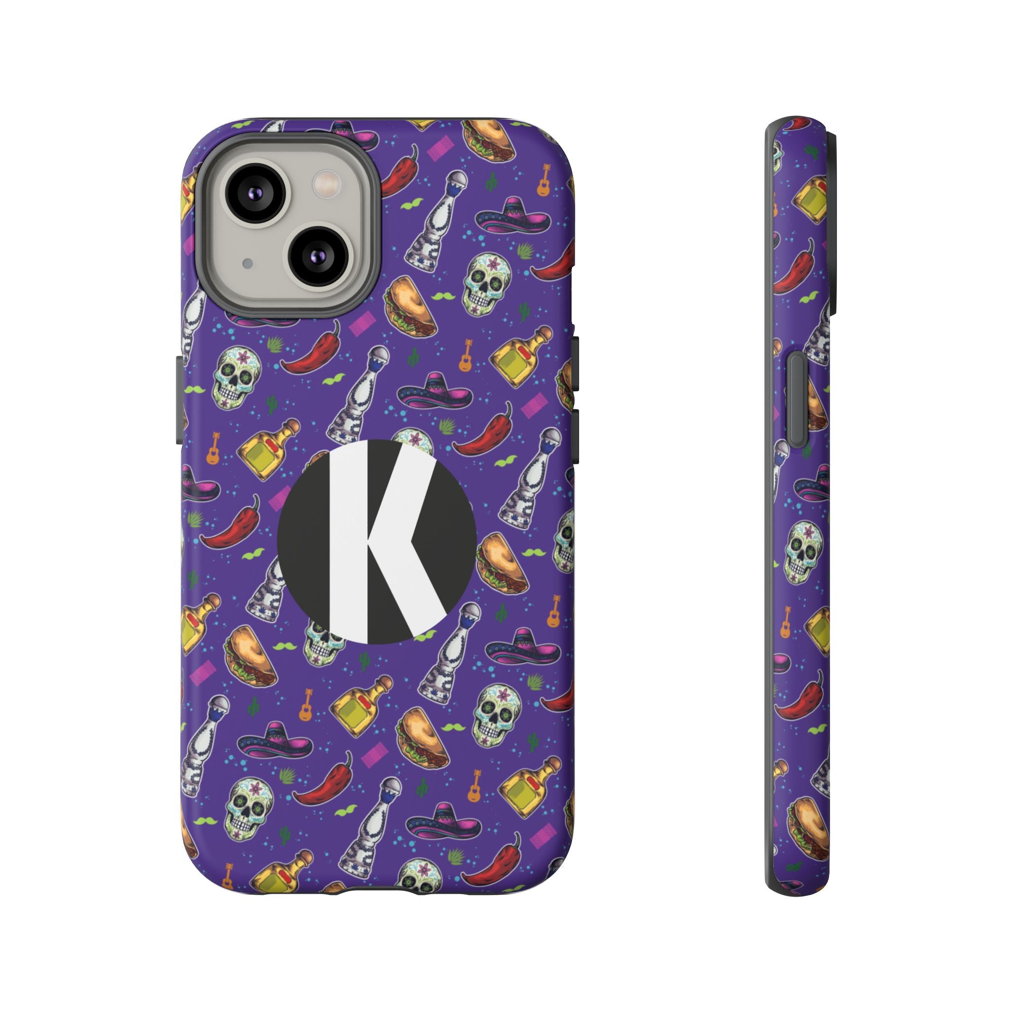 A purple phone case with a colorful Day of the Dead pattern featuring skulls, hot peppers, and tequila bottles, shown from the back and side on a white background.