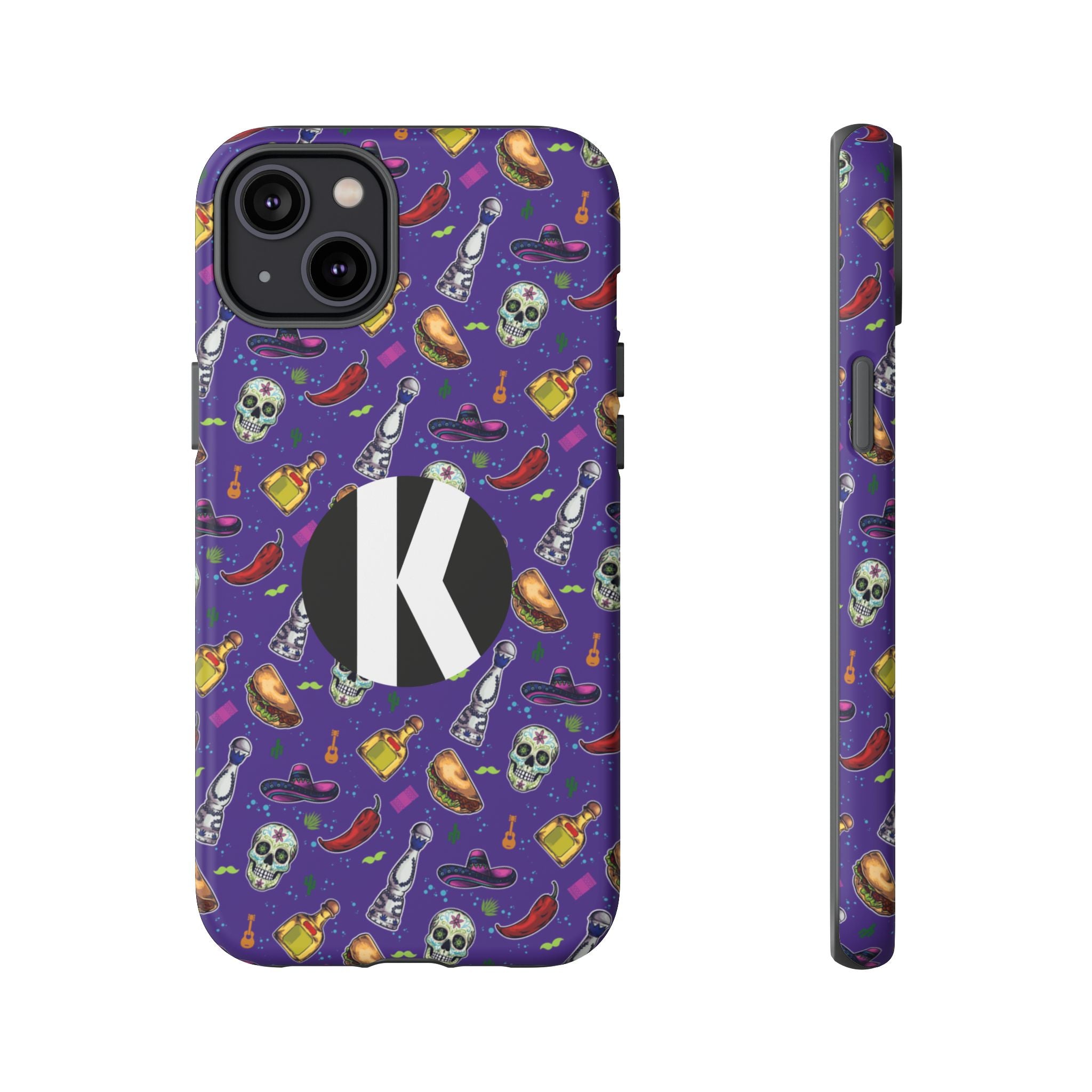 A purple phone case with a colorful Mexican-themed pattern of skulls, sombreros, chili peppers, and tequila bottles, featuring a large black circle with a white letter 'K' on the back. Shown from the back and side views against a plain white background.