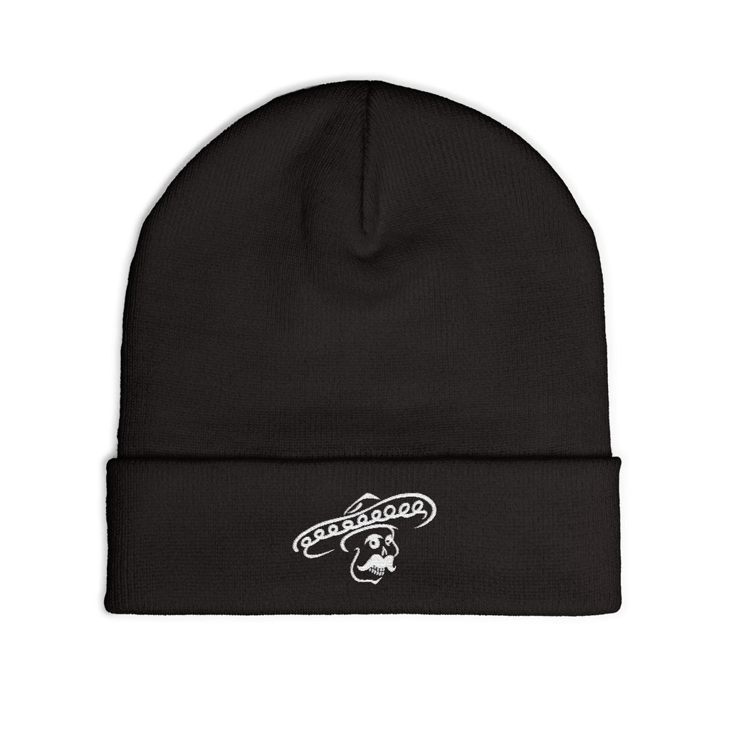 Black Kalaveras skull embroidered knit beanie flat front view