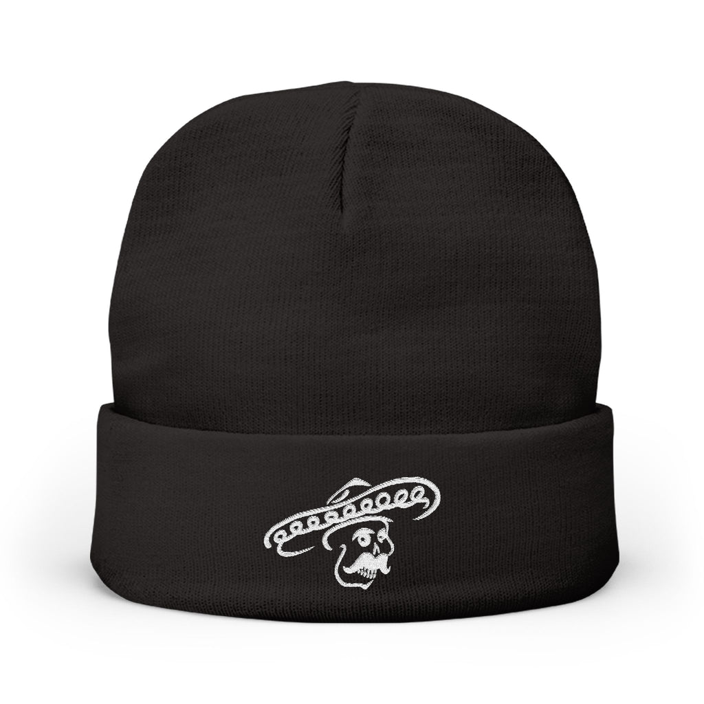 Black Kalaveras skull embroidered knit beanie product front view