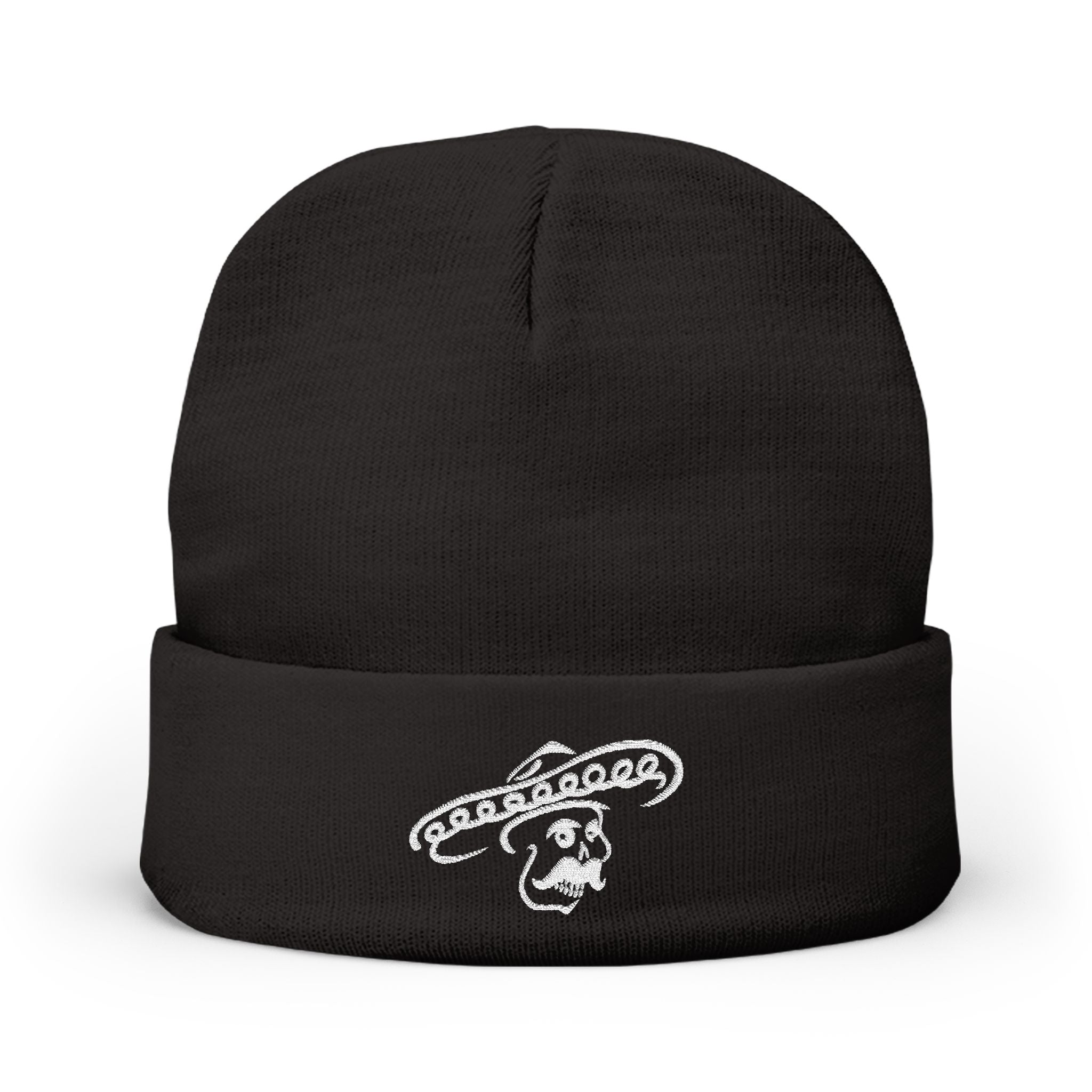 Black Kalaveras skull embroidered knit beanie product front view