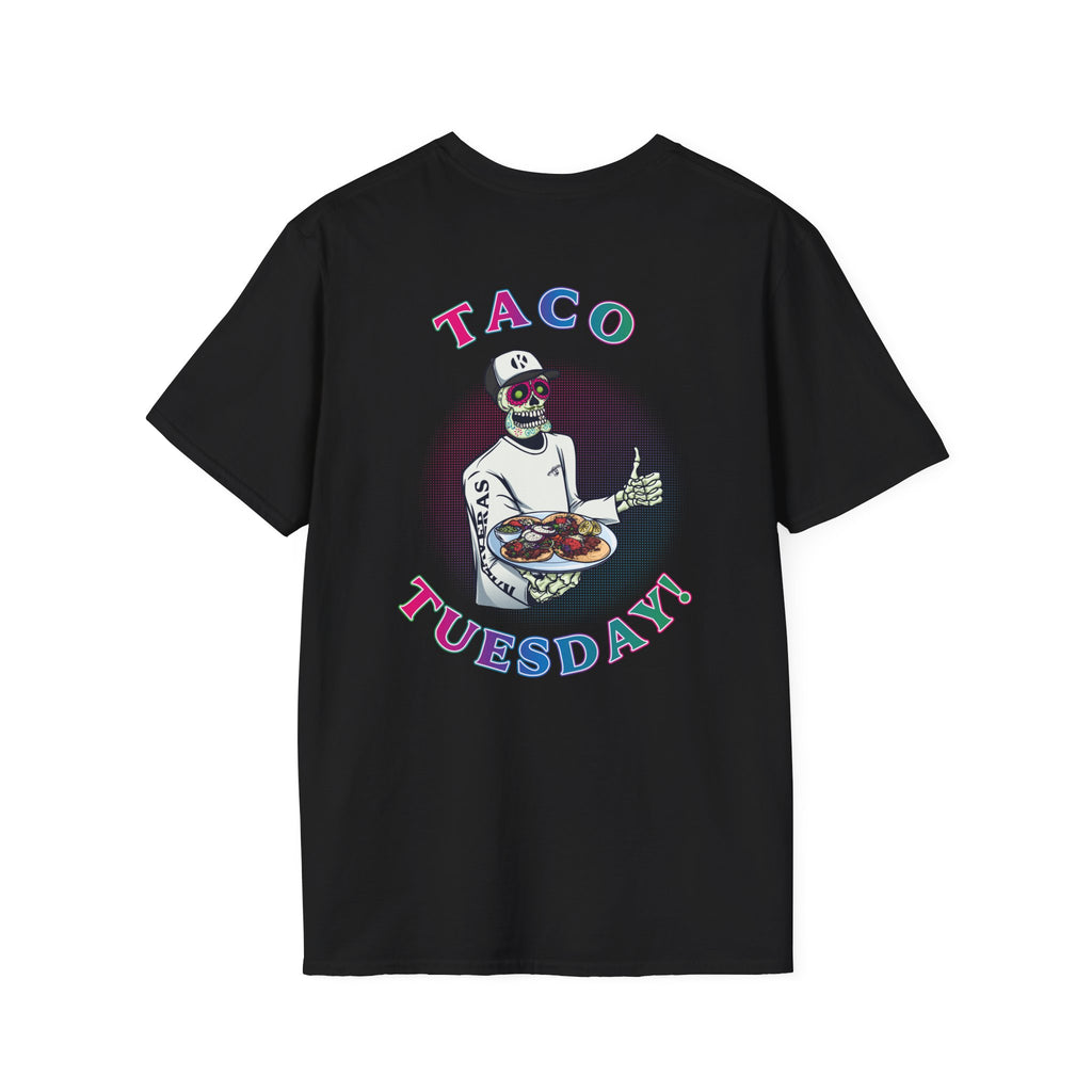Black Kalaveras Taco Tuesday Tee back view with colorful skeleton server artwork