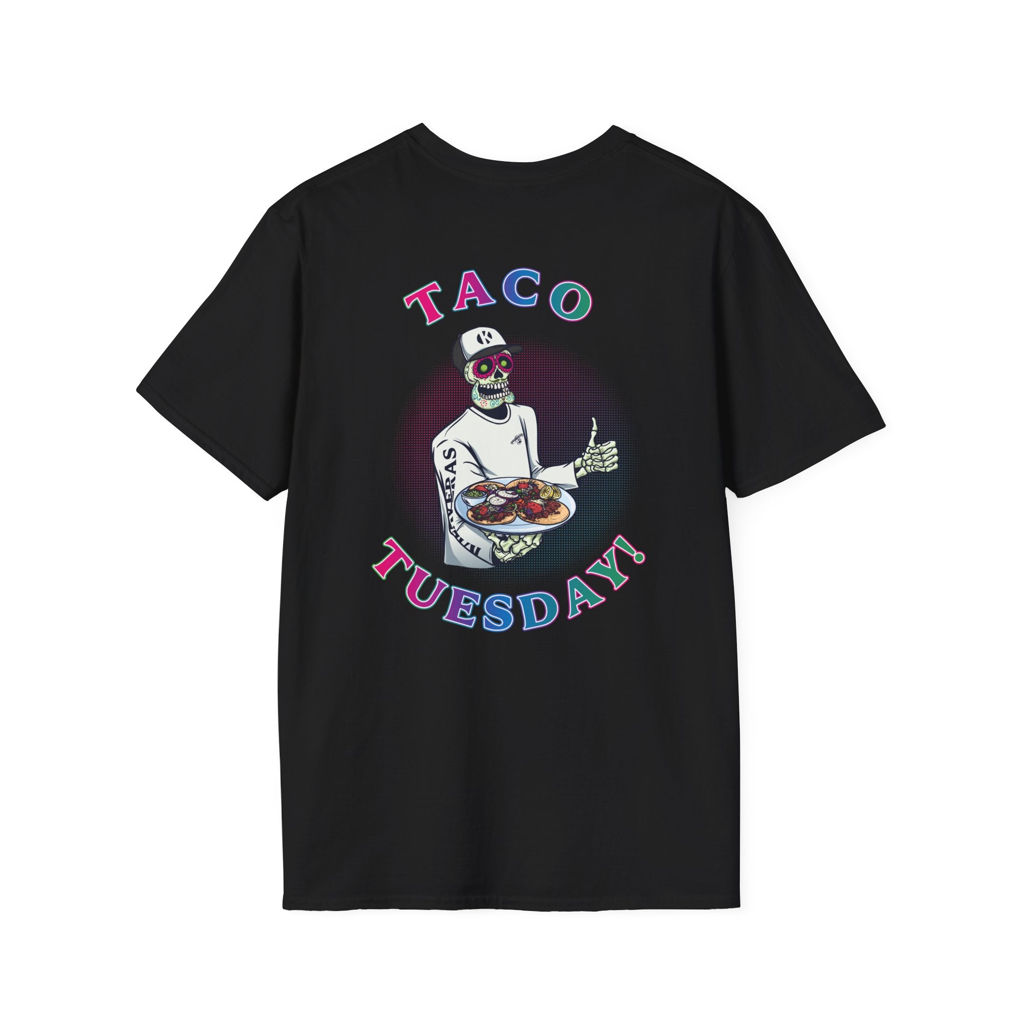 Black Kalaveras Taco Tuesday Tee back view with colorful skeleton server artwork