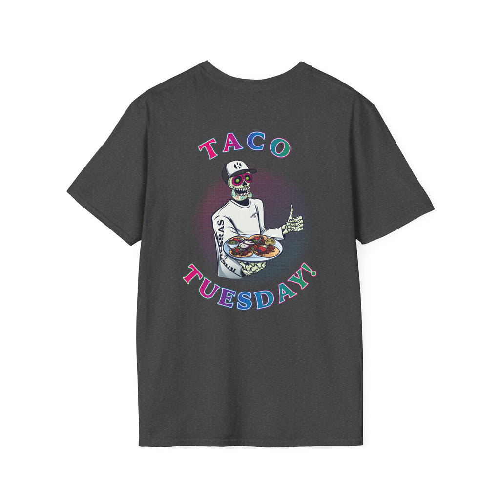 Dark heather Kalaveras Taco Tuesday Tee back view with colorful skeleton server artwork