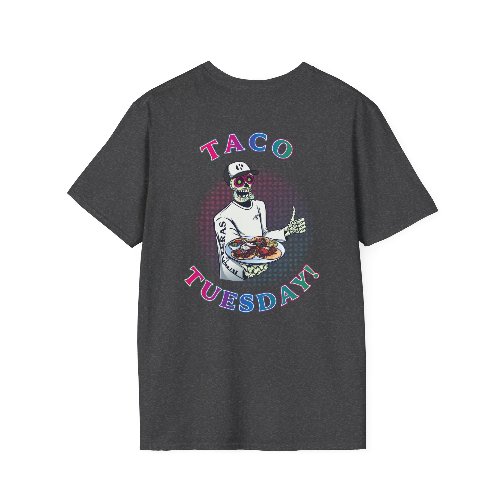 Dark heather Kalaveras Taco Tuesday Tee back view with colorful skeleton server artwork