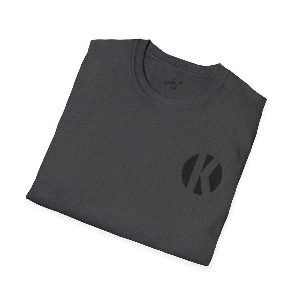 Folded dark heather Kalaveras Taco Tuesday Tee front flat lay with black K monogram