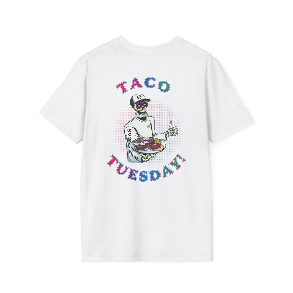 White Kalaveras Taco Tuesday Tee back view with colorful skeleton server artwork