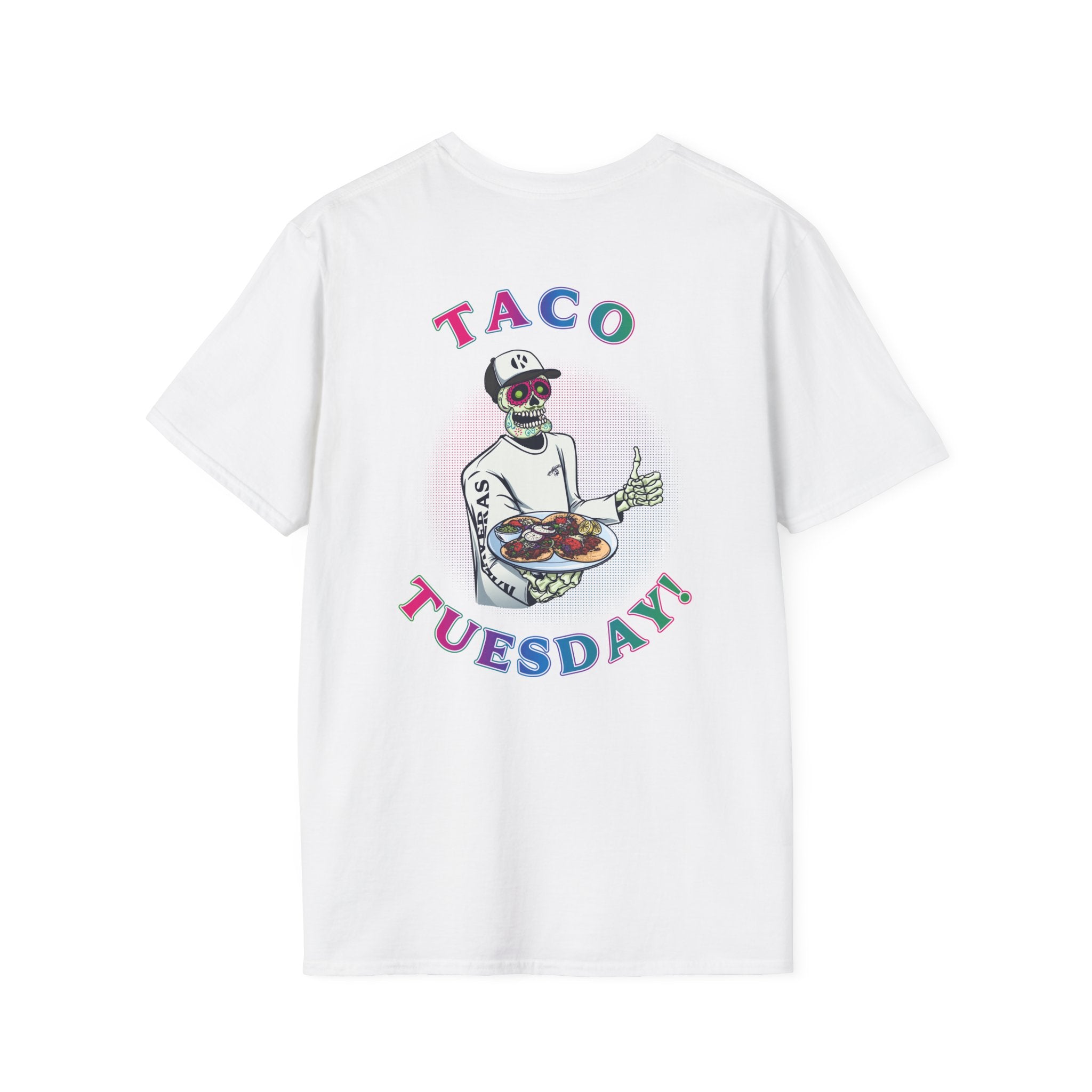 White Kalaveras Taco Tuesday Tee back view with colorful skeleton server artwork