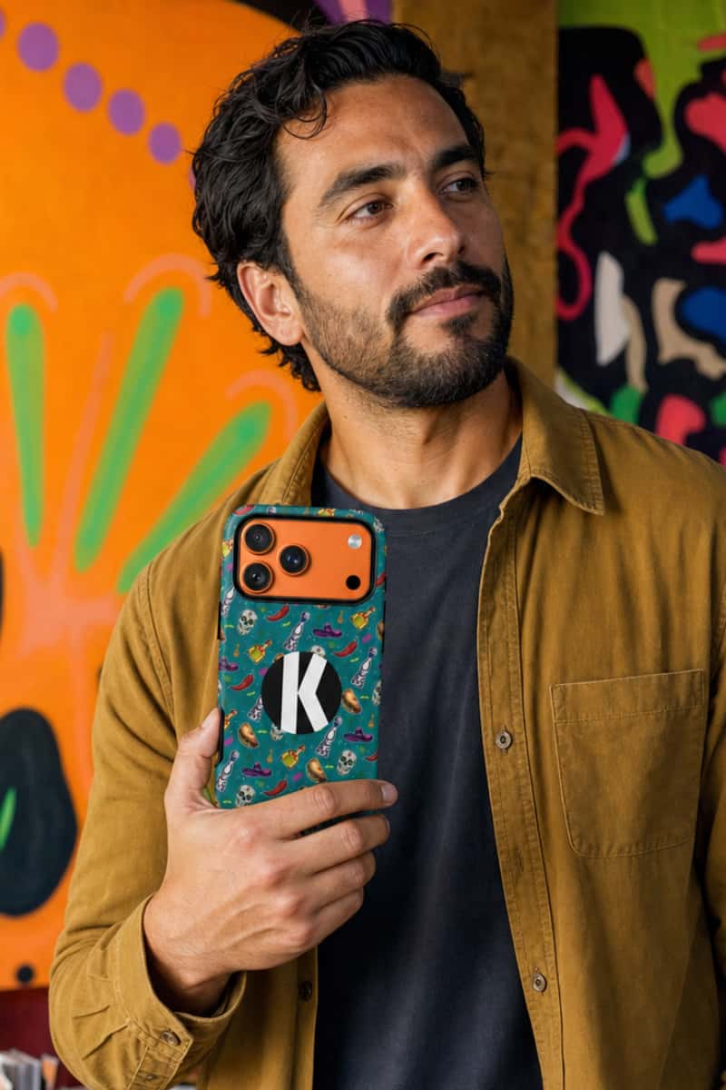 A man wearing a mustard brown shirt over a black t-shirt holds up a teal patterned phone case with a large white letter K on the back, set against a colorful graffiti background.