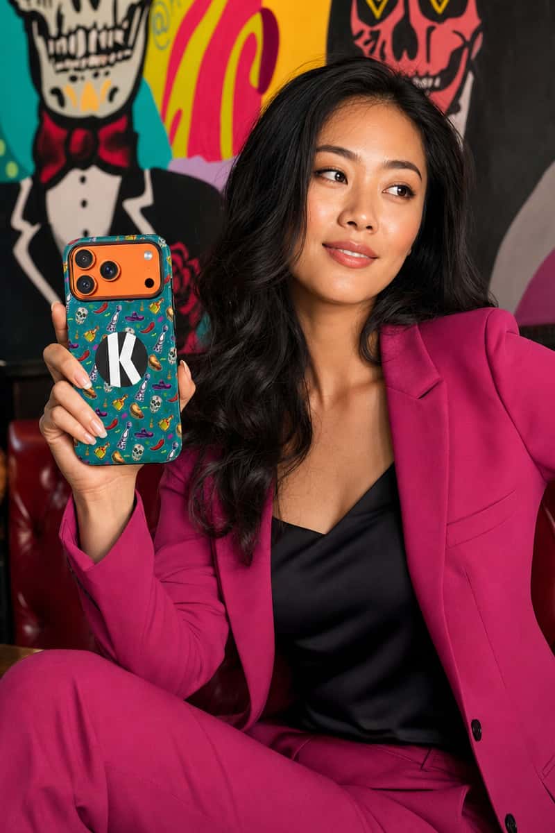 A woman in a bright pink pantsuit holds up a teal patterned phone case with a large white monogram letter 'K' on the back, set against a colorful, stylized background.