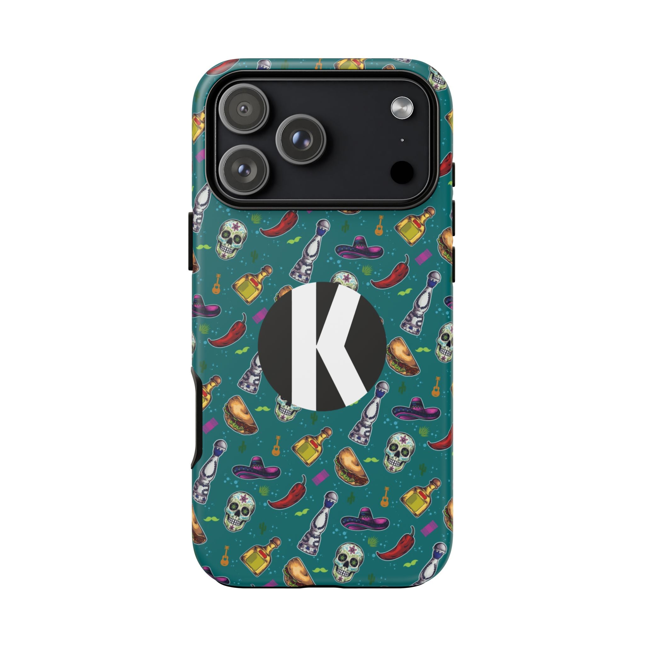 A teal phone case with a colorful pattern of skulls, chili peppers, and musical instruments, featuring a large black circle with a white letter K on the back.