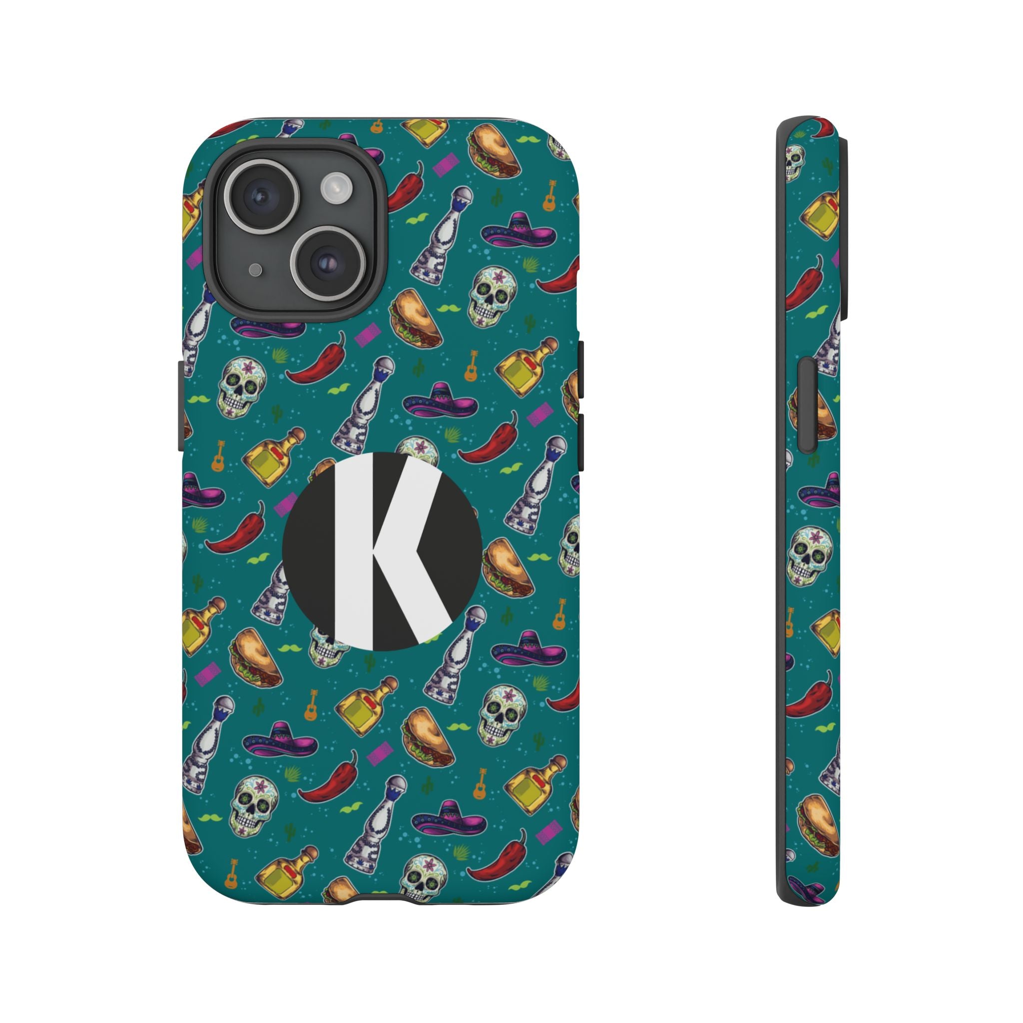 A phone case shown from the back and side on a plain white background. The case has a teal background with a repeating pattern of skulls, sombreros, hot peppers, and dice, plus a large black circle containing a white letter K on the back.