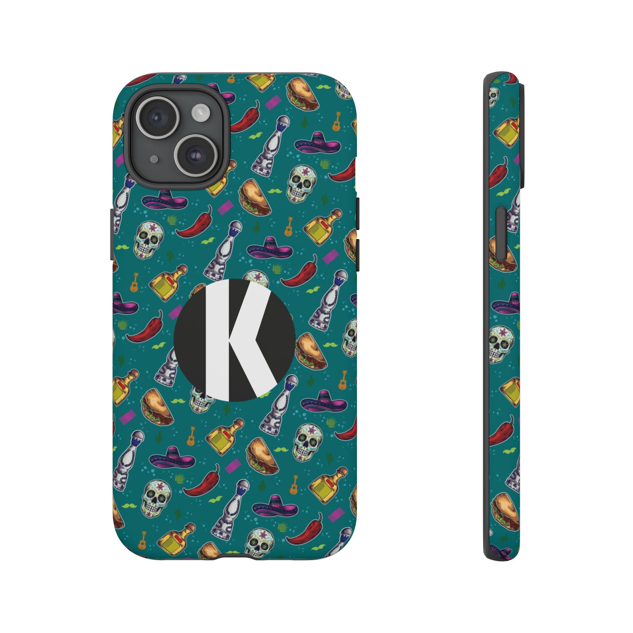 A phone case shown from the back and side on a white background. The case has a teal background with a repeating pattern of skulls, red peppers, yellow bottles, purple sombreros, and gold coins, featuring a large black circle with a white letter 'K' on the back.