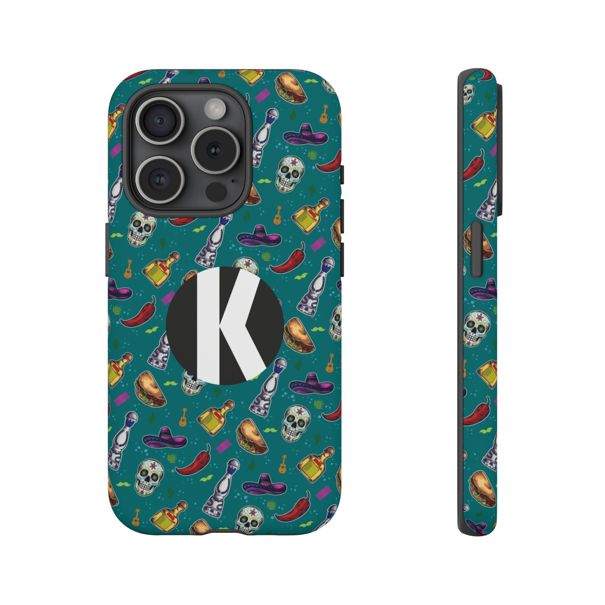 A phone case shown from the back and side on a white background. The case has a teal background with a repeating pattern of skulls, sombreros, tequila bottles, and hot dogs, featuring a large black circle with a white letter K on the back.