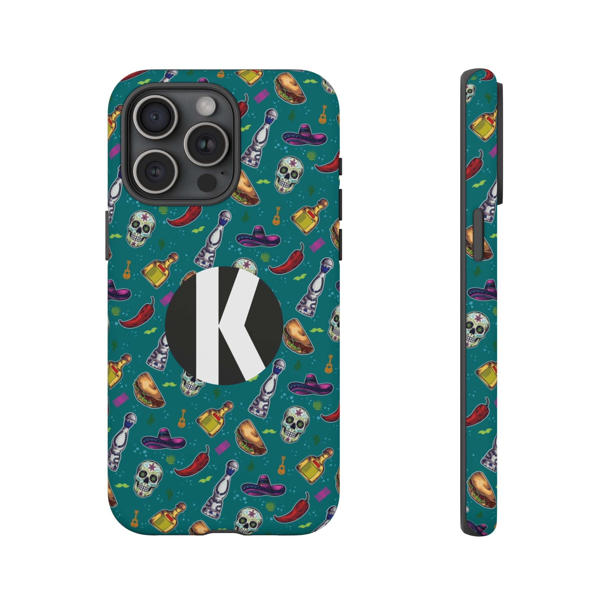 A teal phone case with a colorful repeating pattern of skulls, sombreros, hot peppers, and bottles, featuring a large black circle with a white letter K on the back. Shown from the rear and side profile views against a plain white background.