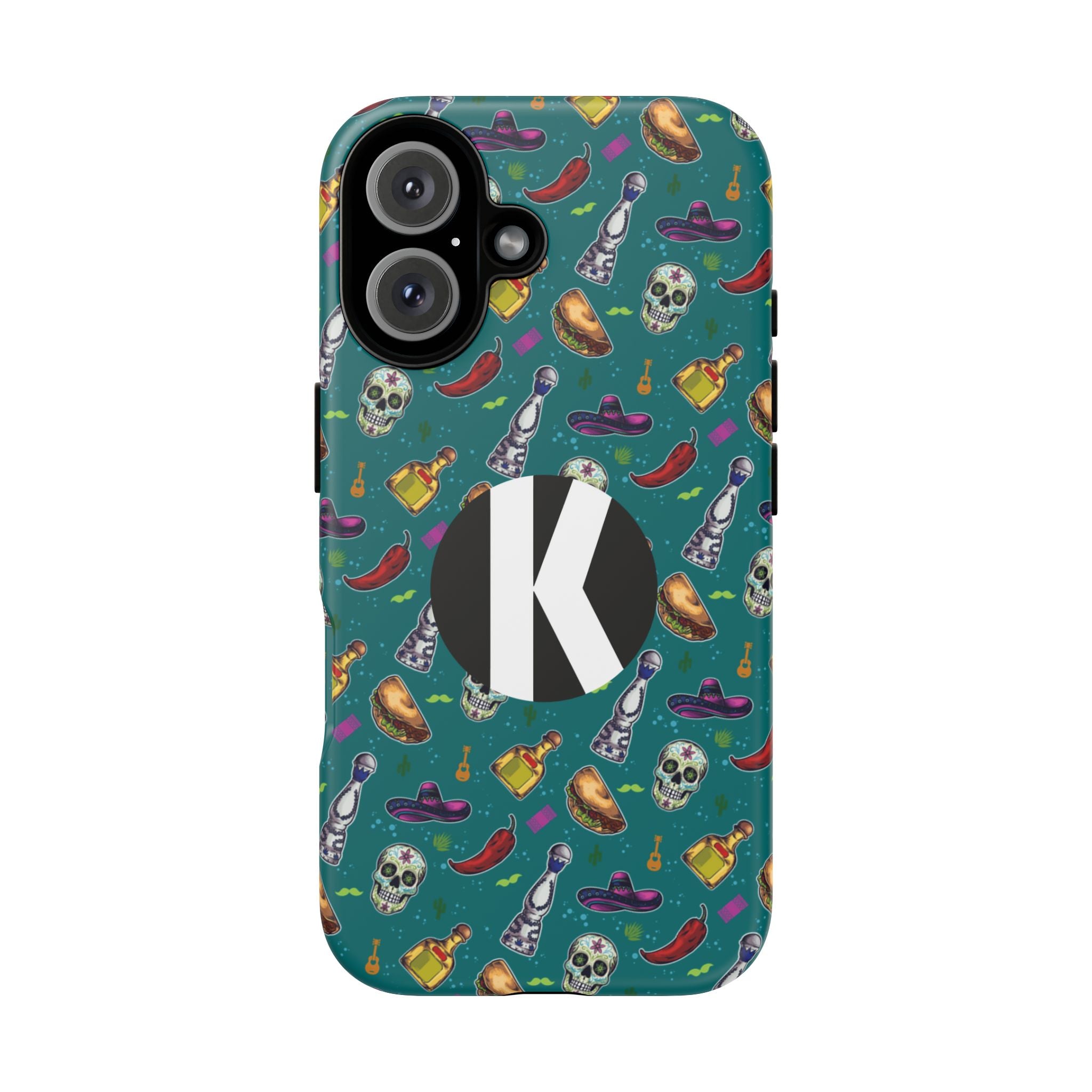 A teal phone case featuring a colorful Mexican-themed pattern with skulls, sombreros, chili peppers, and tequila bottles, accented by a large black circle containing a white letter 'K' on the back.