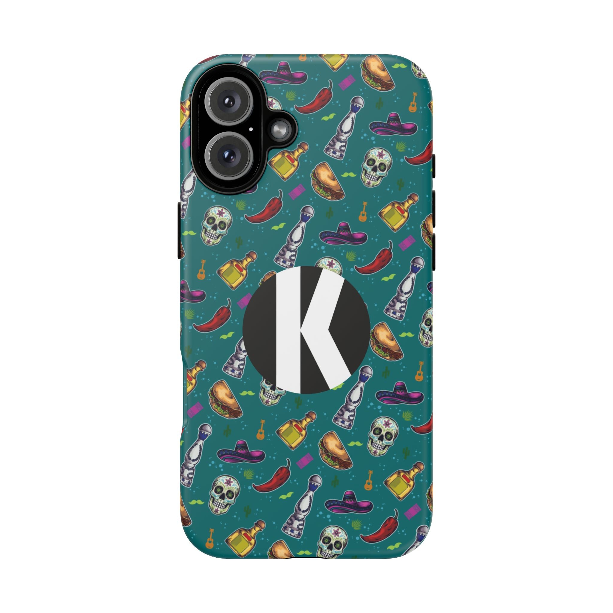 A protective phone case with a teal background featuring a colorful Mexican-themed pattern of skulls, chili peppers, sombreros, and tequila bottles. A large black circle containing a white letter 'K' is printed in the center.