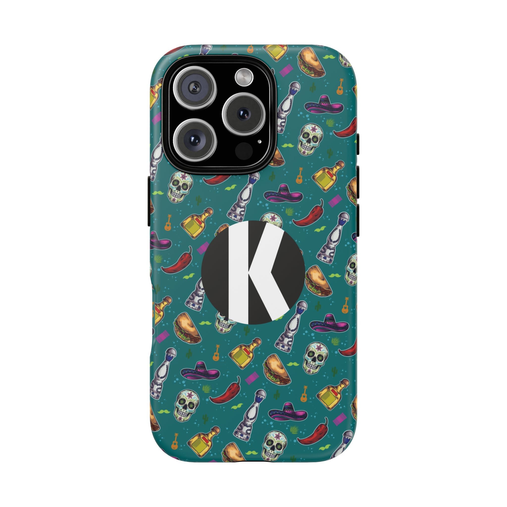 A teal phone case with a repeating pattern of skulls, sombreros, and hot peppers, featuring a large black circle with a white letter 'K' on the back.