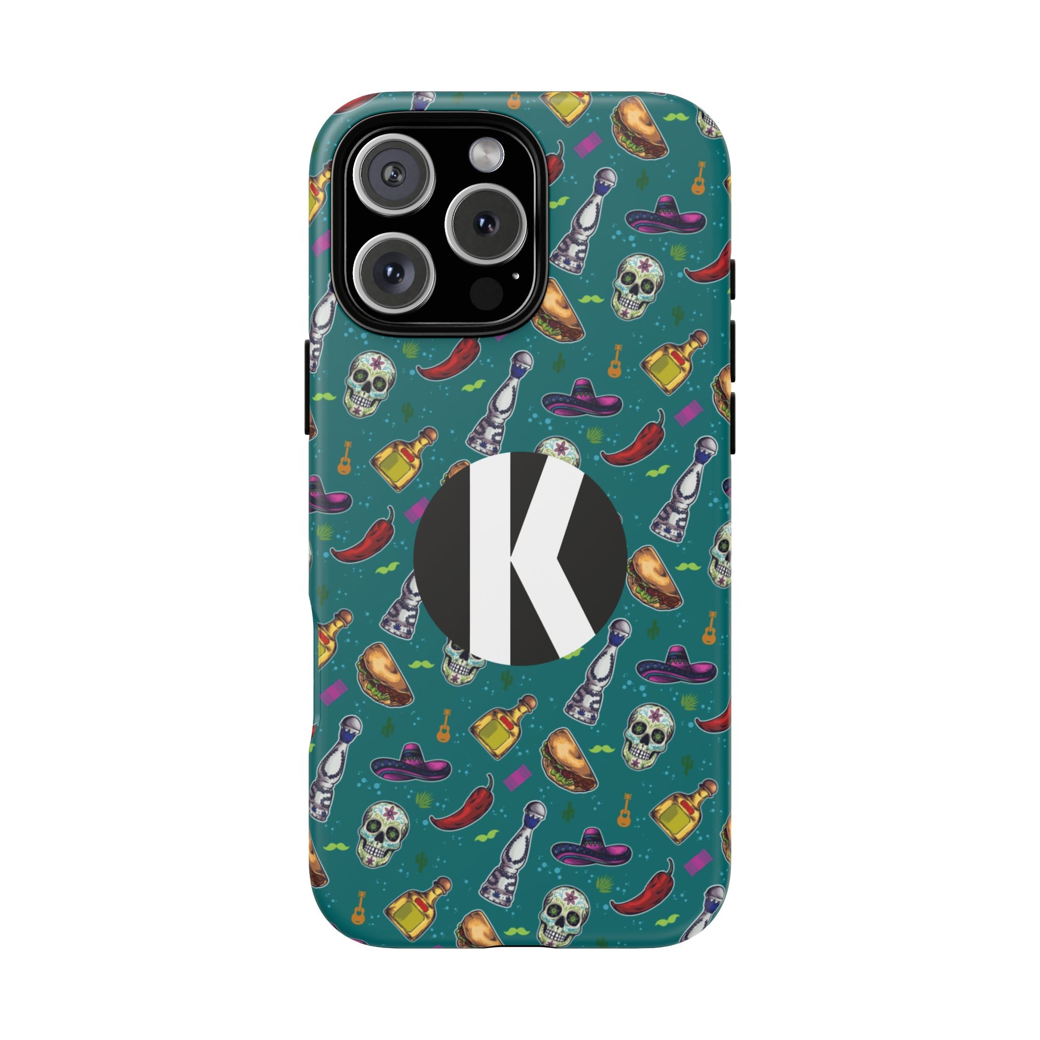 A teal phone case with a colorful Mexican-themed pattern of skulls, sombreros, hot peppers, and tequila bottles, featuring a large black circle with a white letter 'K' on the back.