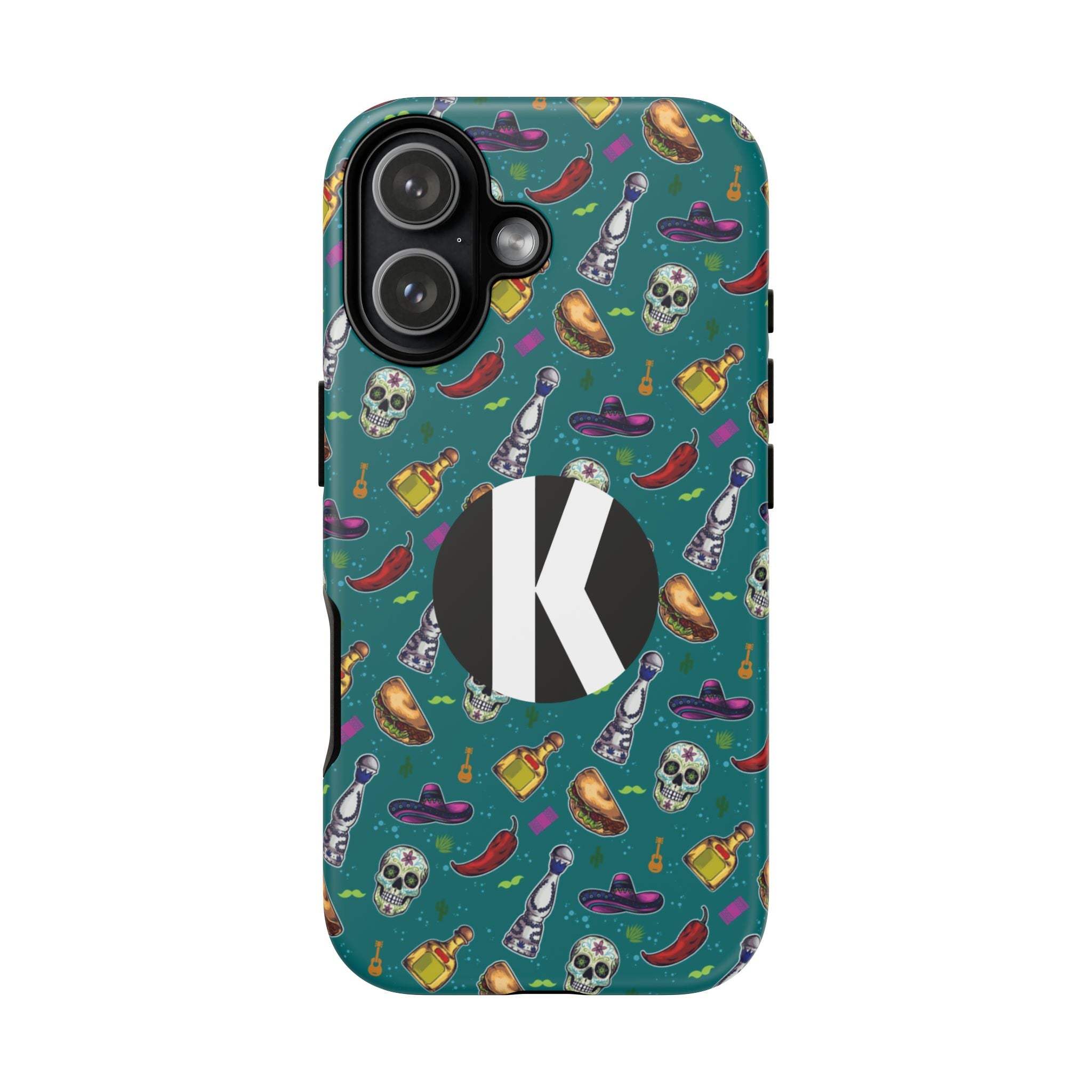 A teal phone case with a colorful Mexican-themed pattern of skulls, sombreros, chili peppers, and tequila bottles, featuring a large black circle with a white letter K on the back.