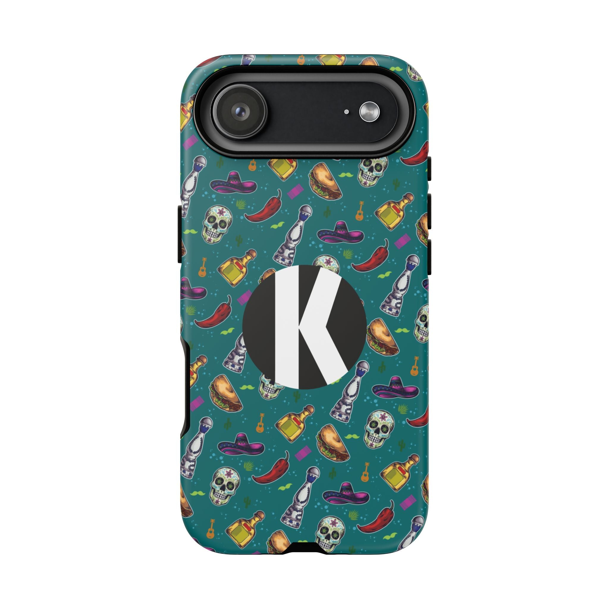 A protective phone case with a teal background and a colorful pattern of skulls, sombreros, and bottles, featuring a large black circle with a white letter 'K' on the back.