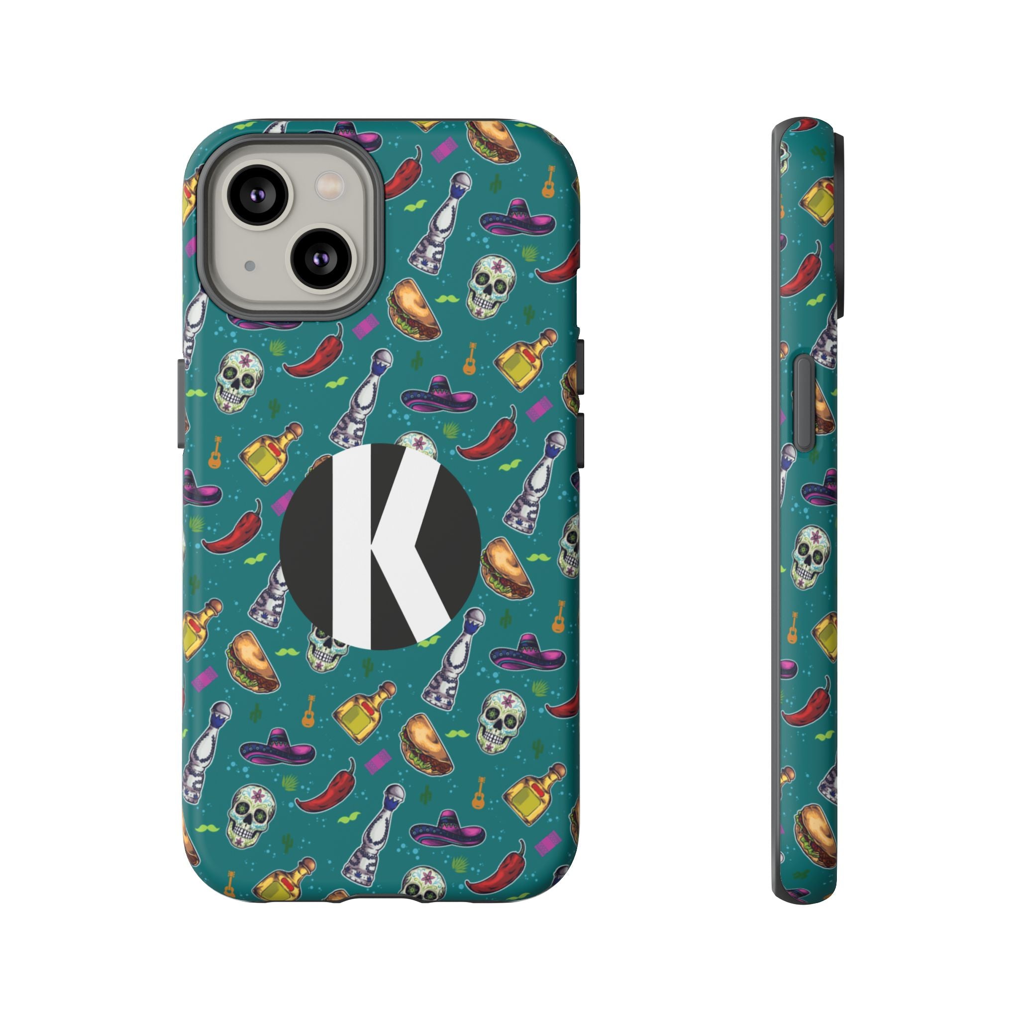 A teal phone case with a colorful sombrero and chili pepper pattern, featuring a large black circle with a white letter K on the back, shown from the back and side views against a white background.