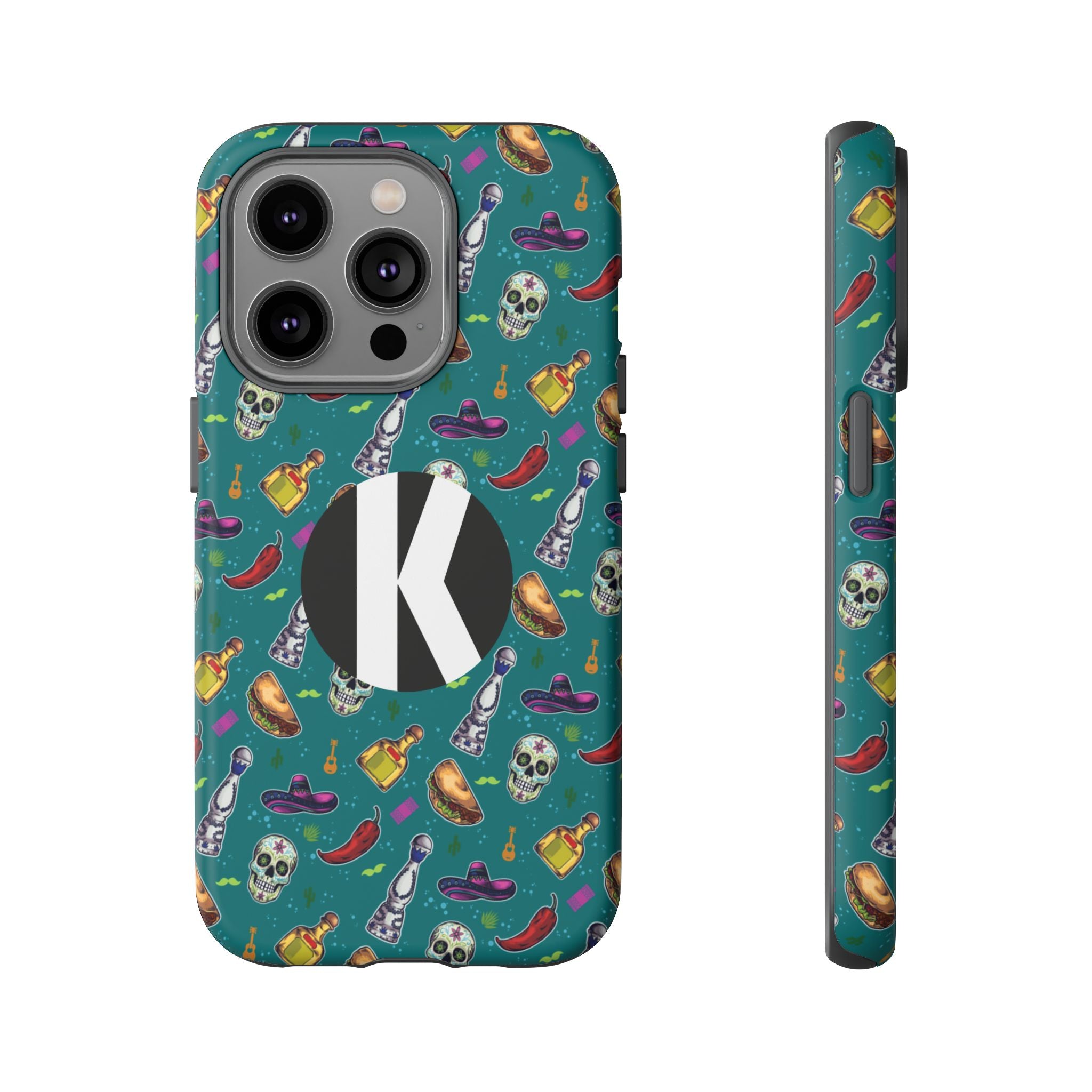 A teal phone case with a colorful Mexican-themed pattern of skulls, sombreros, tequila bottles, and hot peppers, featuring a large black circle with a white letter 'K' on the back. Shown from the back and side views on a white background.