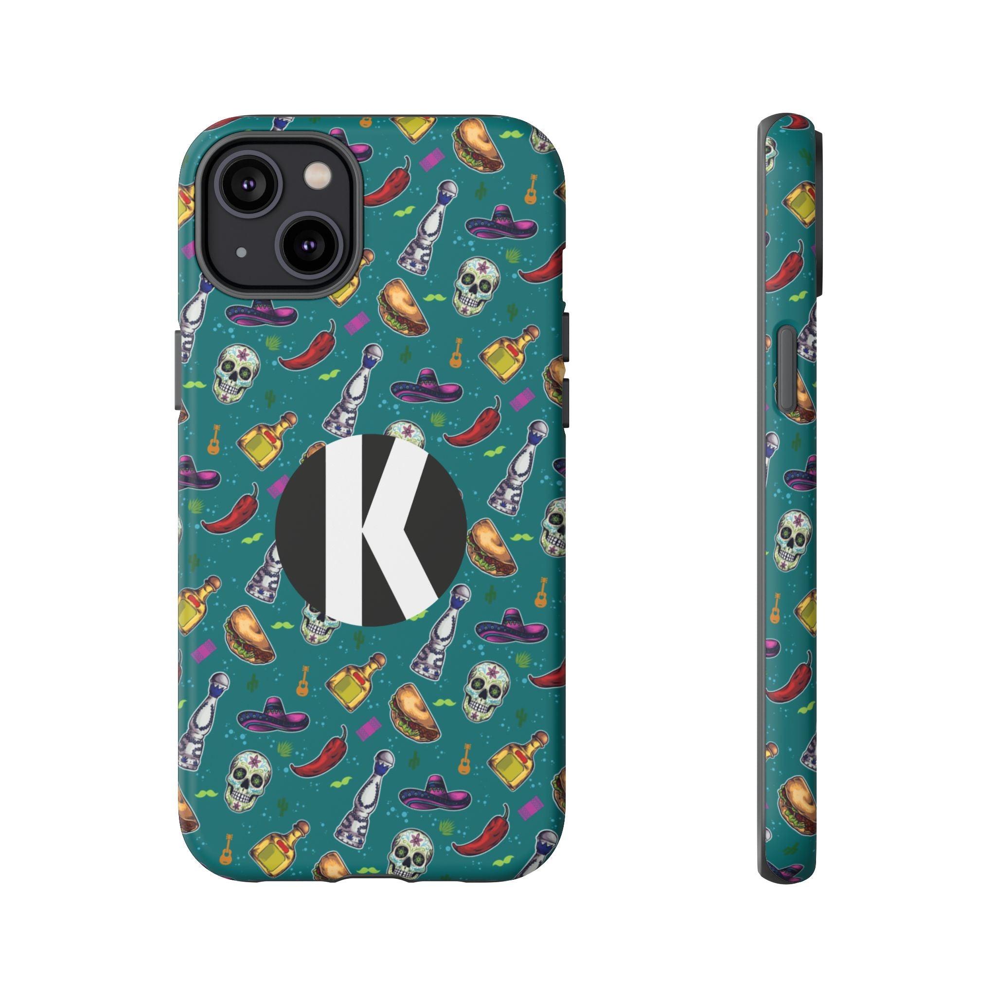 A teal phone case with a colorful Mexican-themed pattern of skulls, sombreros, hot peppers, and tequila bottles, featuring a large black circle with a white letter 'K' on the back. Shown from the rear and side views on a white background.